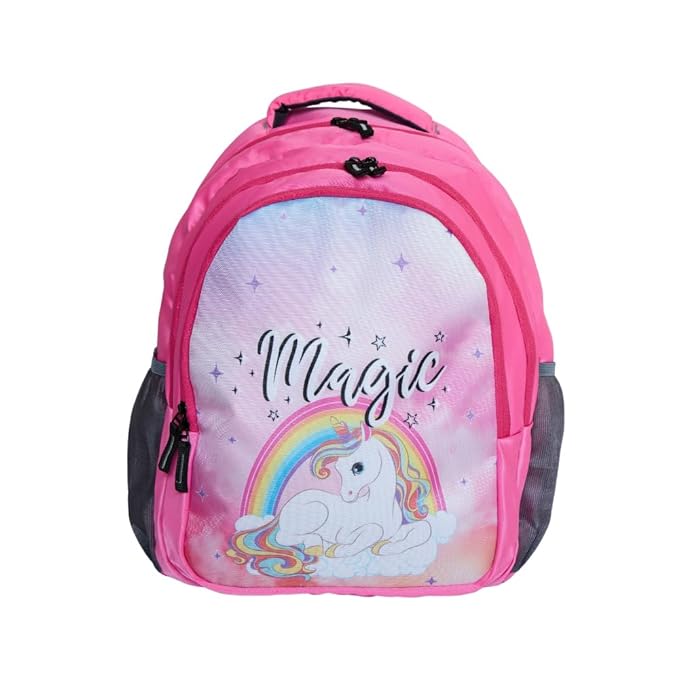 Echo Boomers Unicorn Design Print Backpack|17inch - 3 Compartment School Bags for Kids with Zipper Closure - Pink