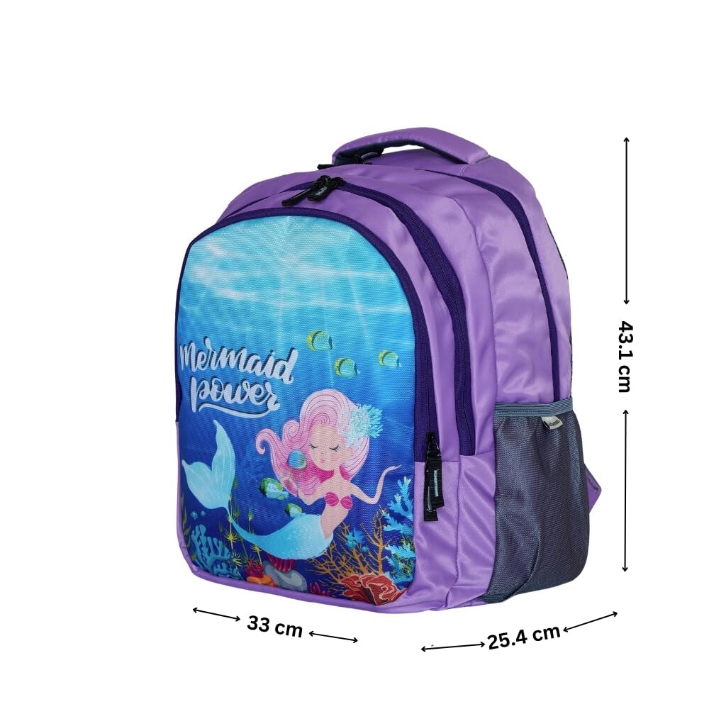 Echo Boomers Mermaid Design Print Backpack|17 inch - 3 Compartment School Bags for Kids with Zipper Closure - Purple