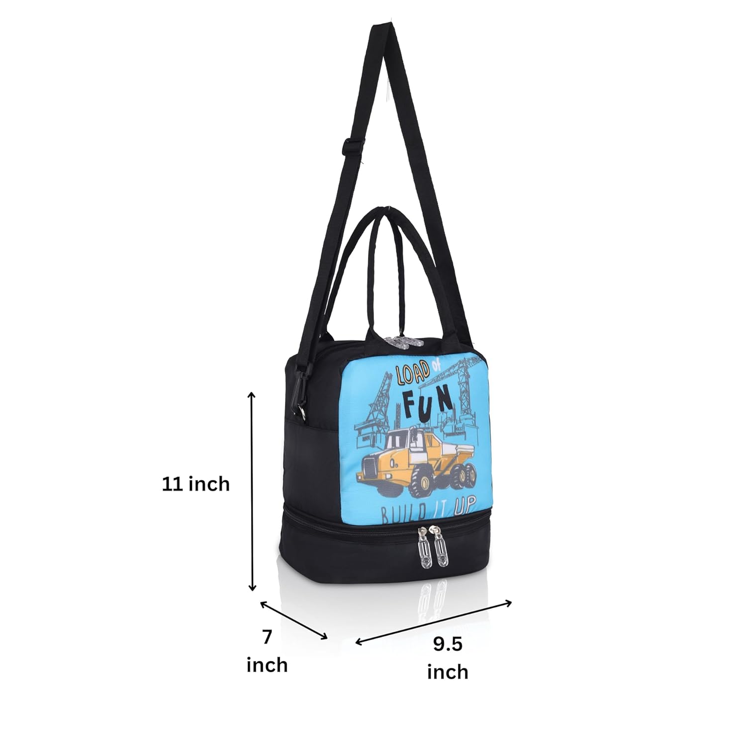 Echo Boomers Double Layer Insulated Tiffin Lunch Bag - Cool Blue Cars Print, Multi Pockets & Long Strap