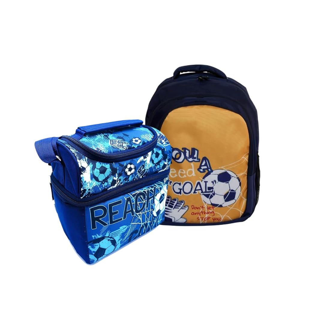 Echo Boomers Ball Printed Double Insulated Tiffin Lunch Bag & Goal Printed 3 Compartment School Bag Combo Set -Multi Zipper Pockets