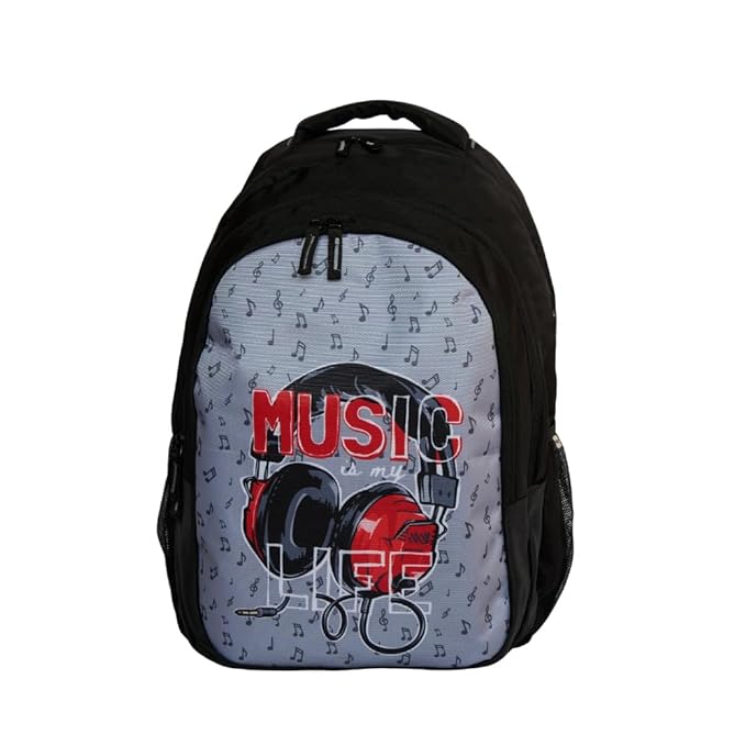 Echo Boomers Music Design Printed Backpack|19 Inch - 3 Compartment School Bags for Kids with Zipper Closure – Black