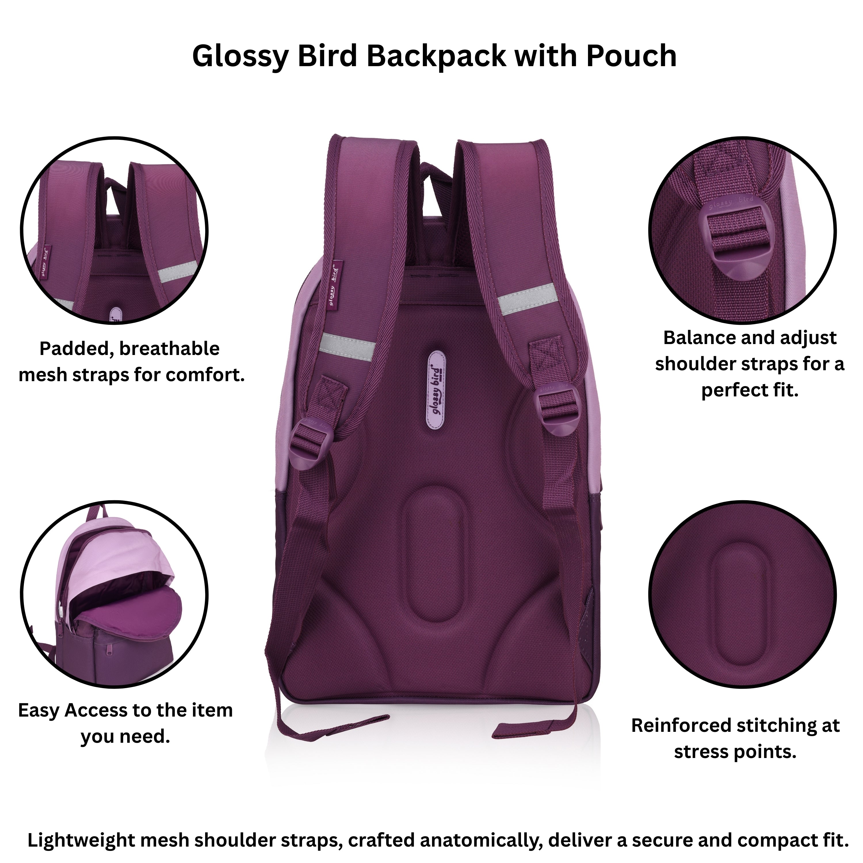 Echo Boomers Glossy Bird Backpack with Pouch – Casual Backpack with Compartments, Front Pocket, Bottle Holder – Ideal for School, College, Travel – Boys, Girls, Men, Women (Pink)