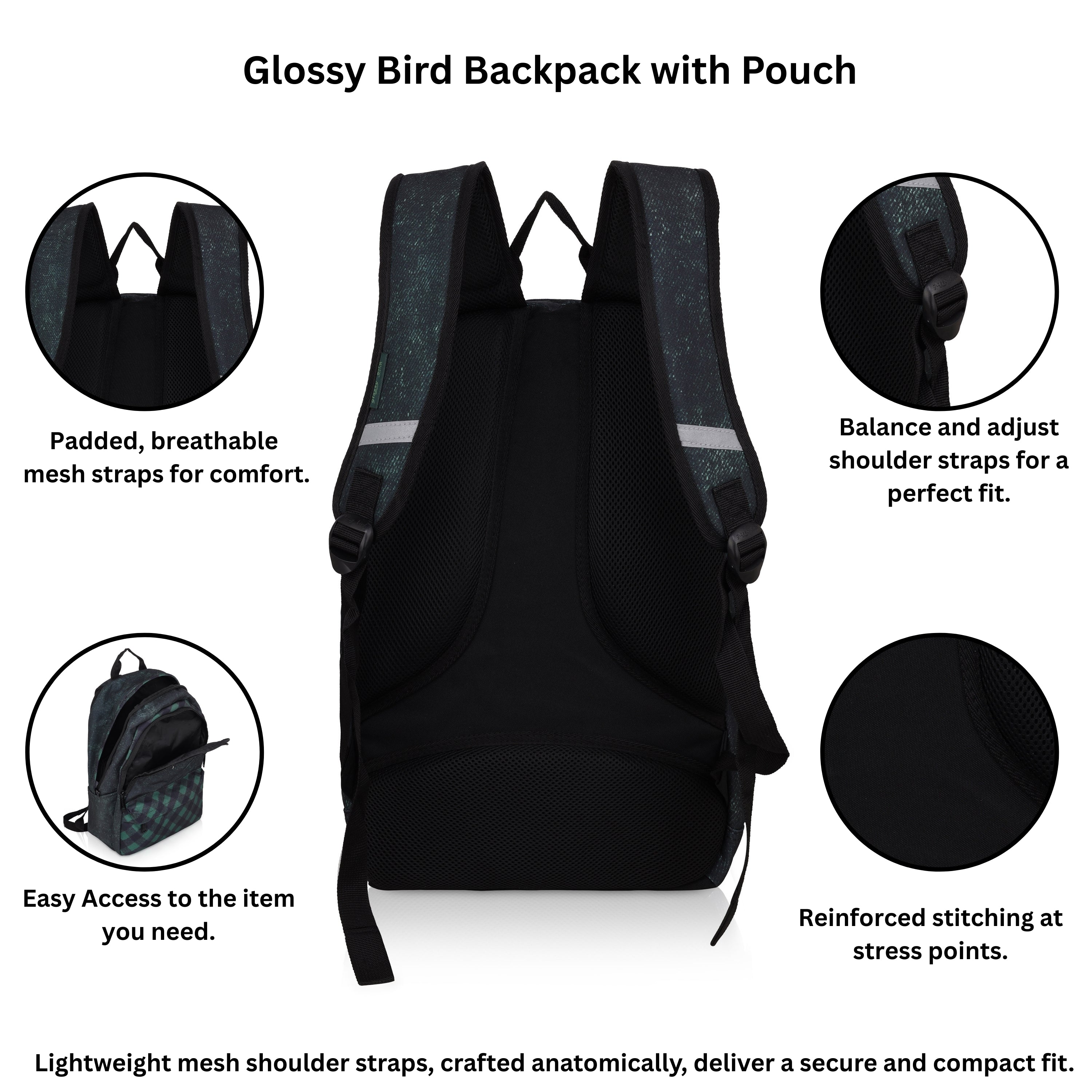 Echo Boomers Glossy Bird 21L Unisex Backpack with Pouch – Stylish Check Design, 3 Compartments, Front Pocket, Bottle Holder – Water-Resistant School, Travel, Office Bag (Yellow