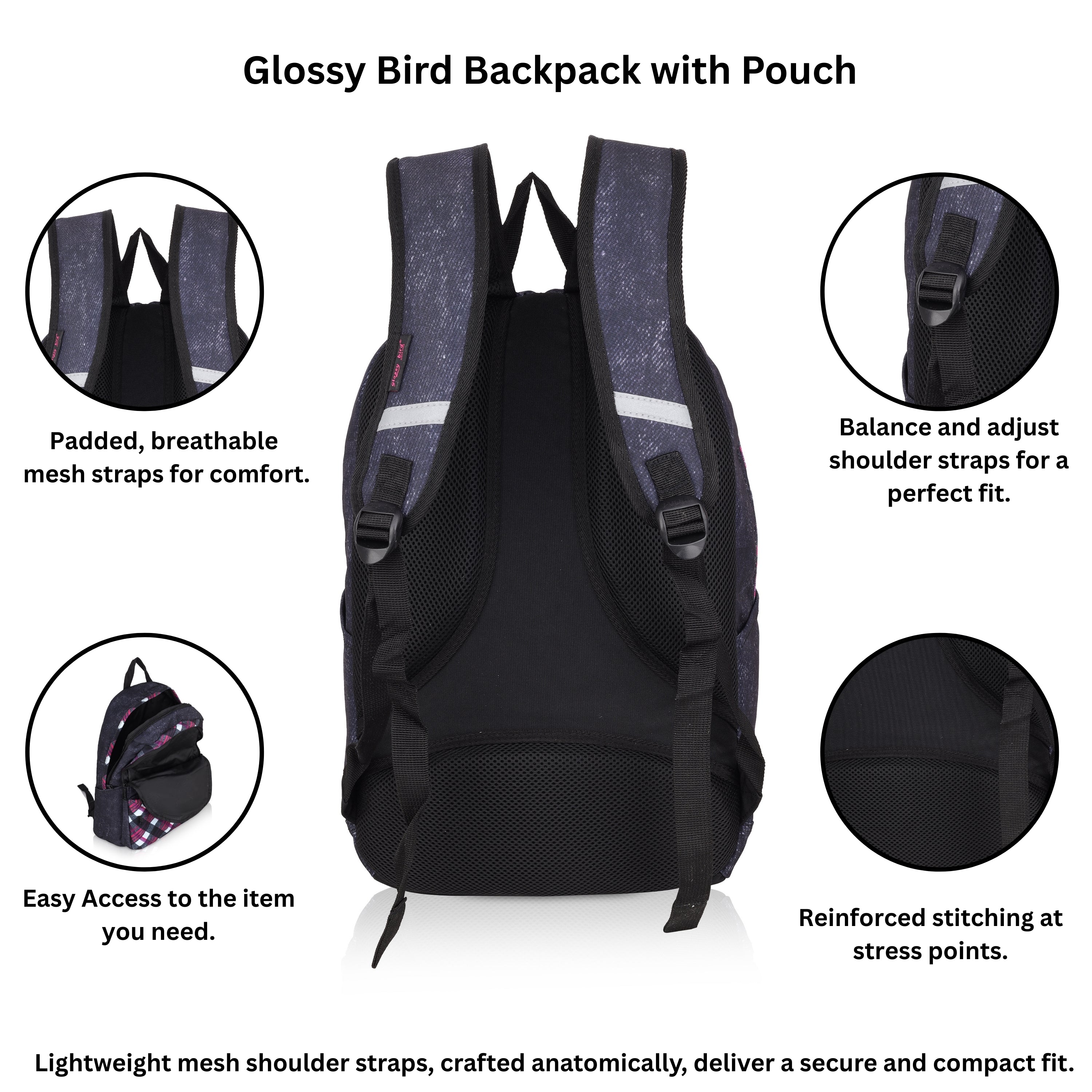 Echo Boomers Glossy Bird 21L Unisex Backpack with Pouch – Stylish Check Design, 3 Compartments, Front Pocket, Bottle Holder – Water-Resistant School, Travel, Office Bag (Yellow