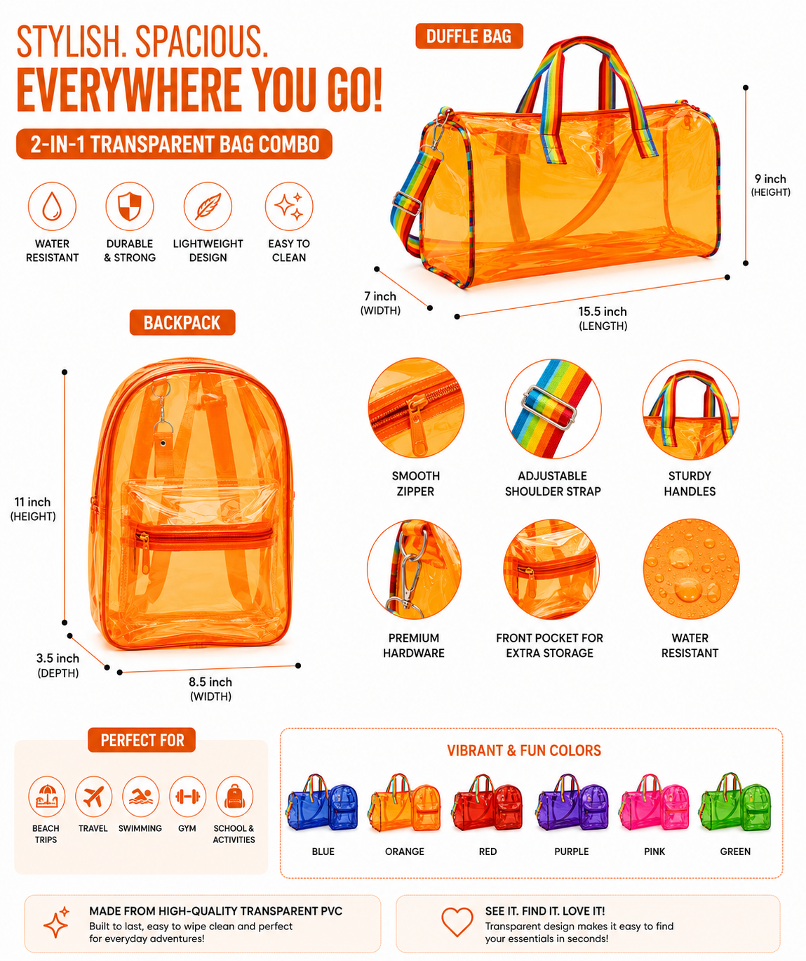 Echo Boomers Transparent PVC Duffle Bag & Backpack Combo | Water-Resistant Travel, Gym, Beach, Swimming & Sports Bag Set with Adjustable Shoulder Strap