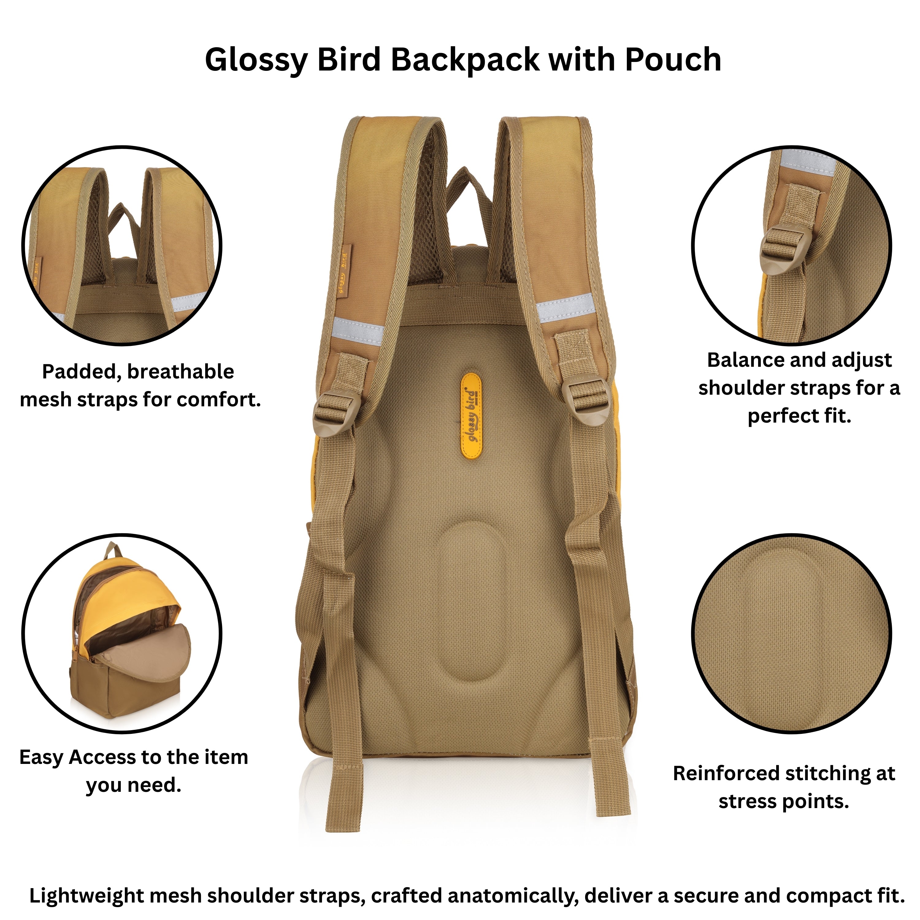 Echo Boomers Glossy Bird Backpack with Pouch – Casual Backpack with Compartments, Front Pocket, Bottle Holder – Ideal for School, College, Travel – Boys, Girls, Men, Women (Pink)