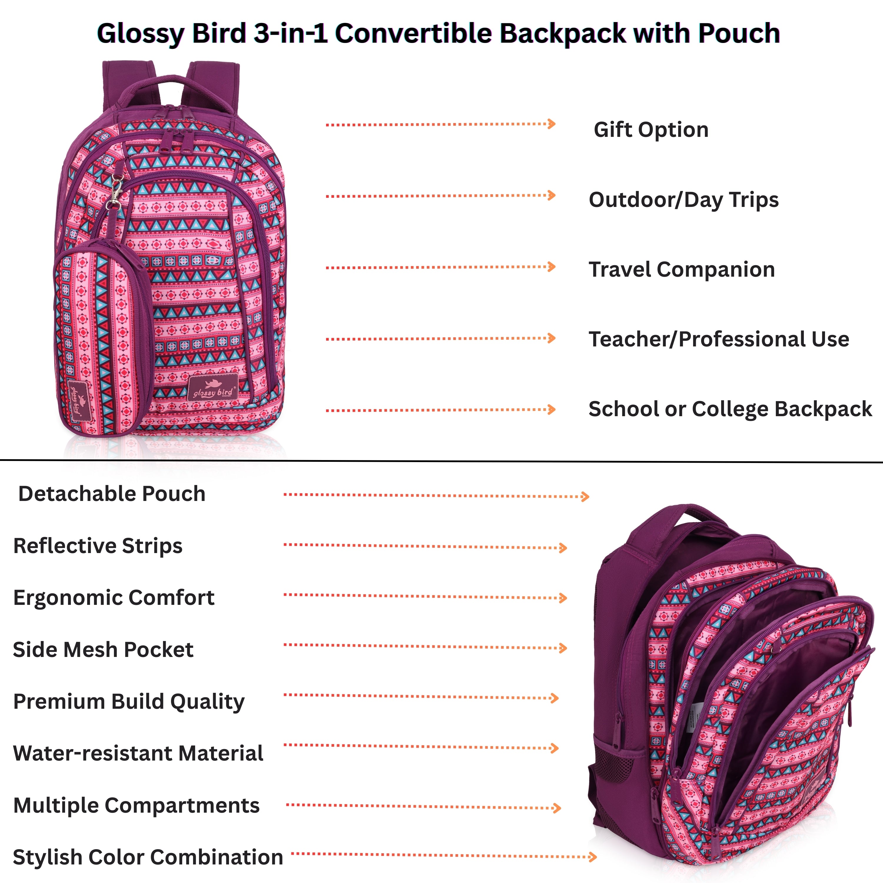 Echo Boomers Glossy Bird Unisex Backpack for School, Office & Travel – Water-Resistant, Lightweight Bag with 4 Compartments, Bottle Holder, Detachable Pouch & Ergonomic Straps (Purple)