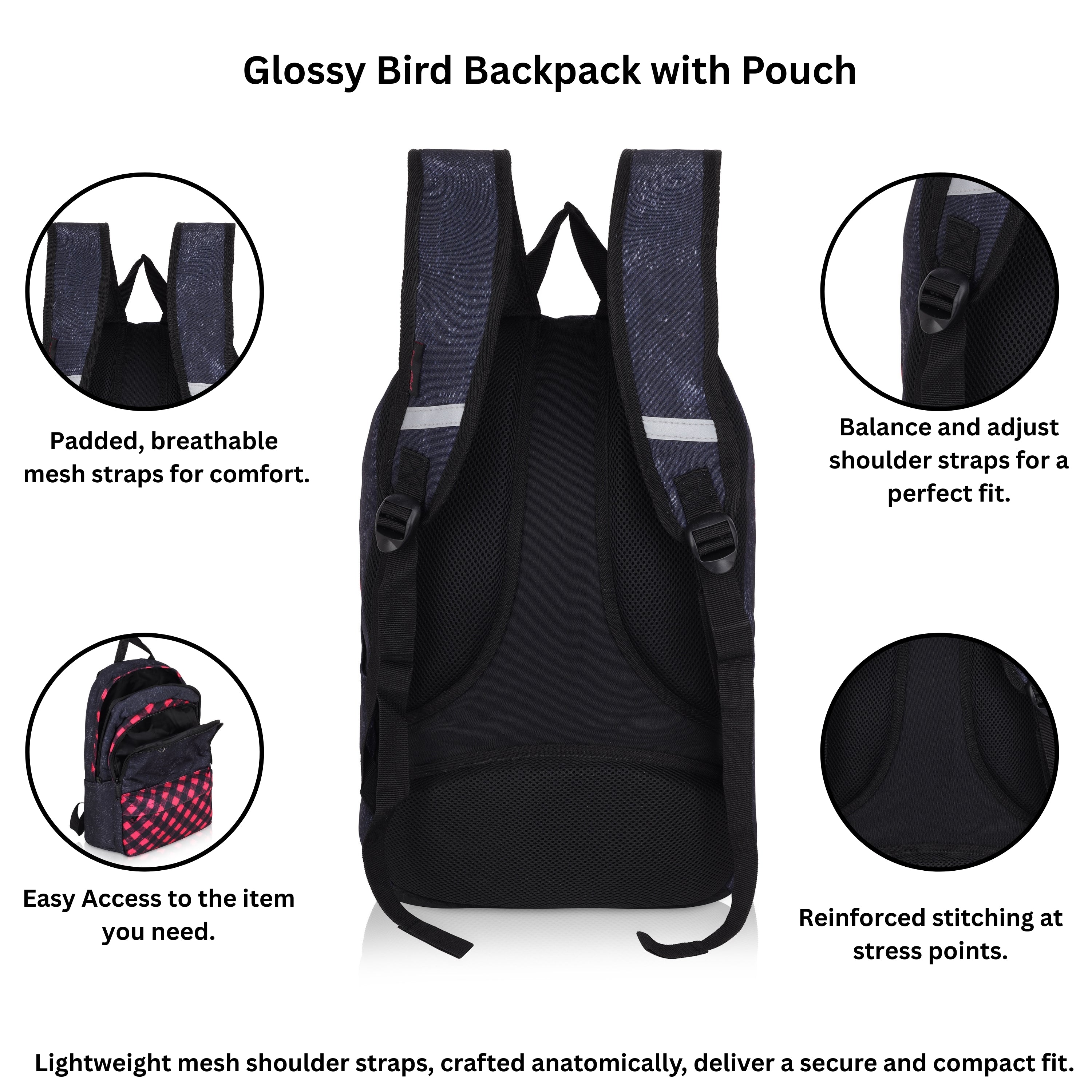 Echo Boomers Glossy Bird 21L Unisex Backpack with Pouch – Stylish Check Design, 3 Compartments, Front Pocket, Bottle Holder – Water-Resistant School, Travel, Office Bag (Yellow