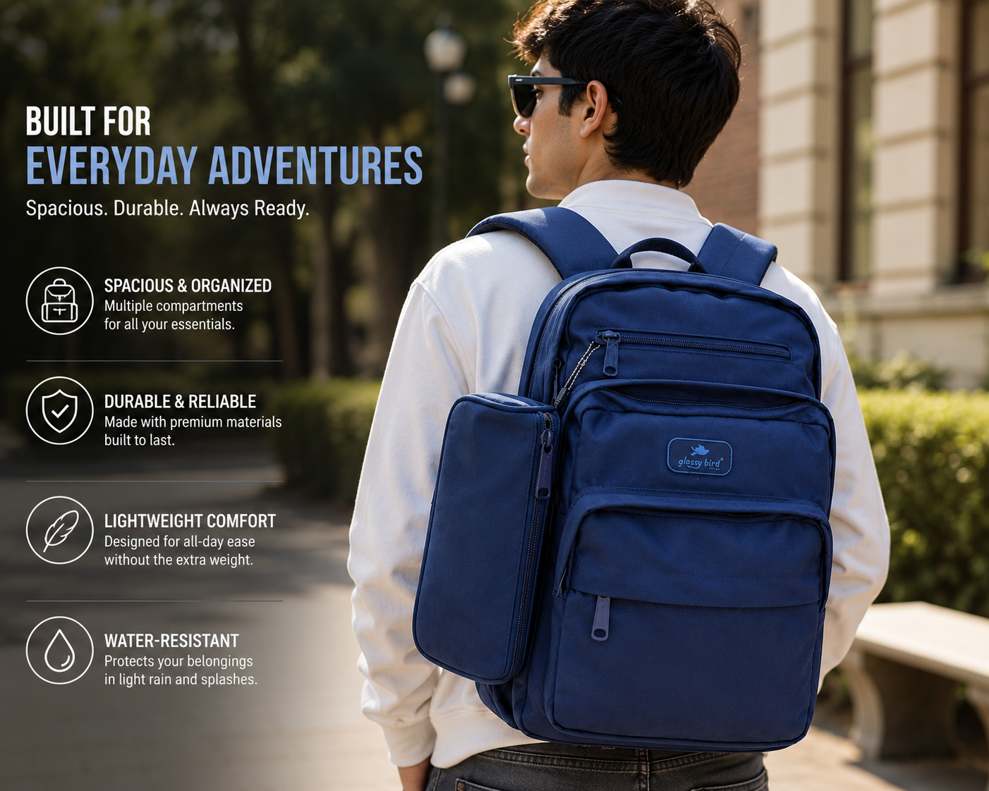 Echo Boomers Glossy Bird Everyday Backpack with Pencil Pouch| Lightweight Water-Resistant Travel, School, College & Office Backpack with Multiple Compartments