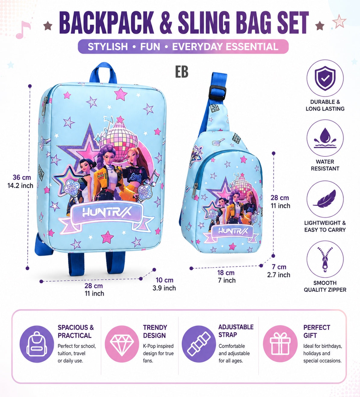 Echo Boomers Kids Backpack & Crossbody Sling Bag Set | Lightweight School Bag Combo for Boys & Girls | Premium Fabric | Smooth Zippers | Adjustable Strap | Vibrant Print