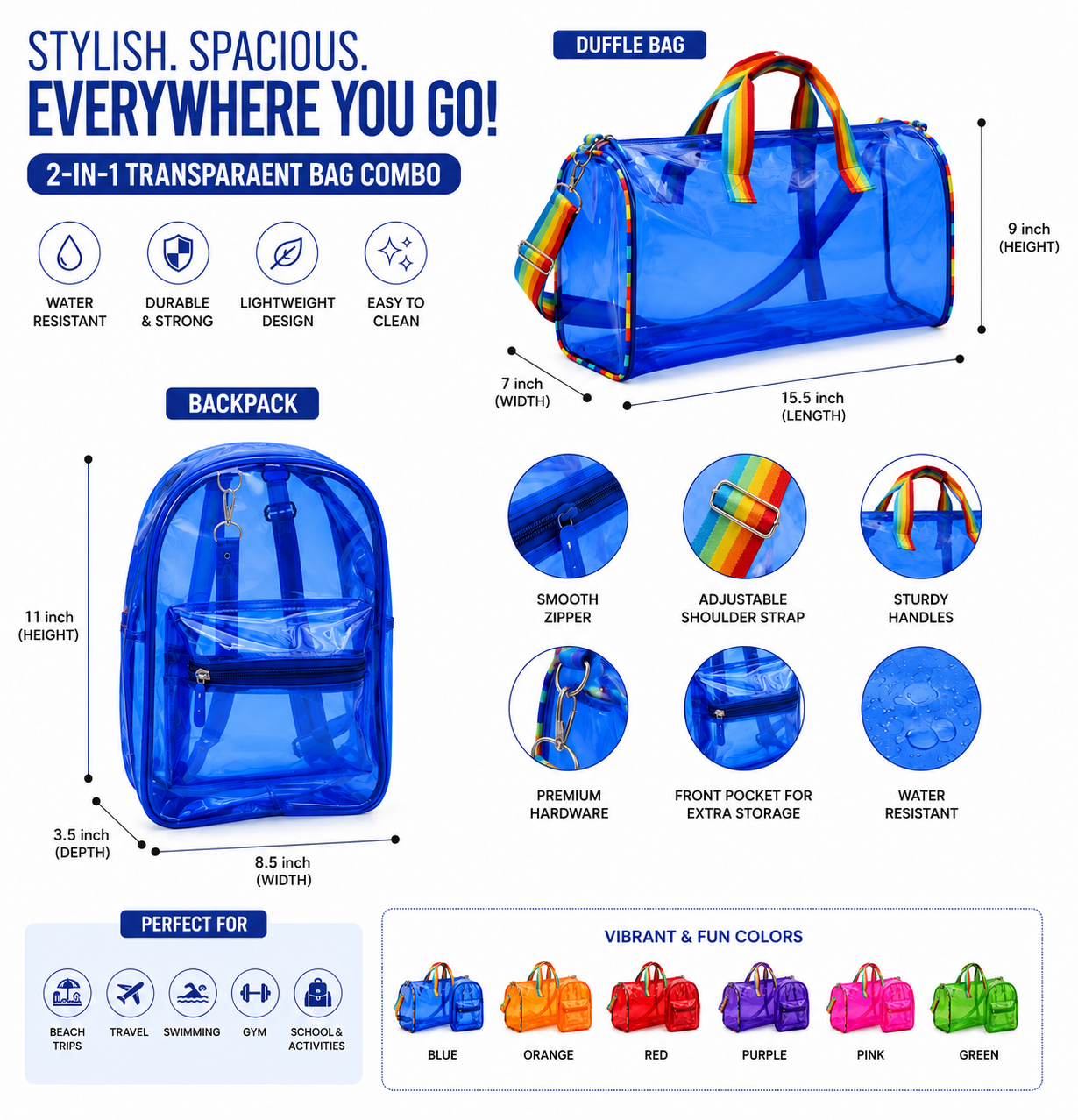 Echo Boomers Transparent PVC Duffle Bag & Backpack Combo | Water-Resistant Travel, Gym, Beach, Swimming & Sports Bag Set with Adjustable Shoulder Strap