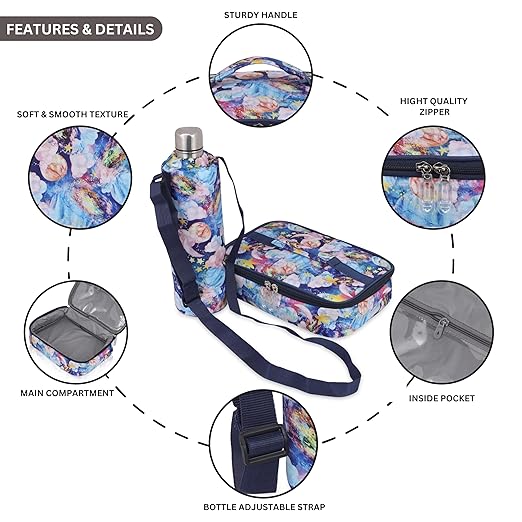 Echo Boomers Multi-Color Clouds Theme Printed Large Insulated Lunch Bag with Mesh Compartment & Water Bottle Combo - Navy Blue