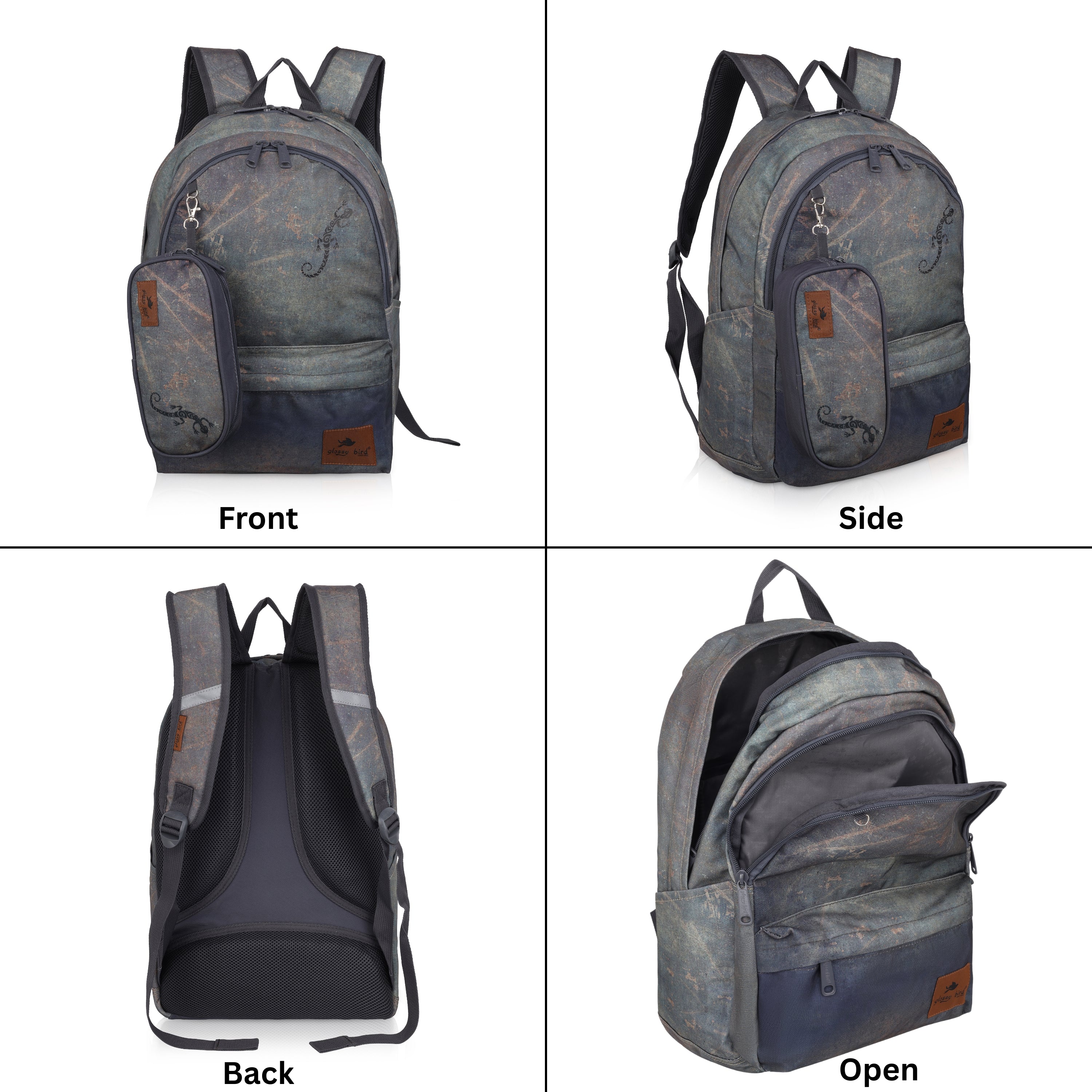 Echo Boomers Glossy Bird Backpack – Water-Resistant Stylish Bag with 3 Compartments, Bottle Holder, Detachable Pouch & Padded Straps – School & Travel Bag (AQUA)