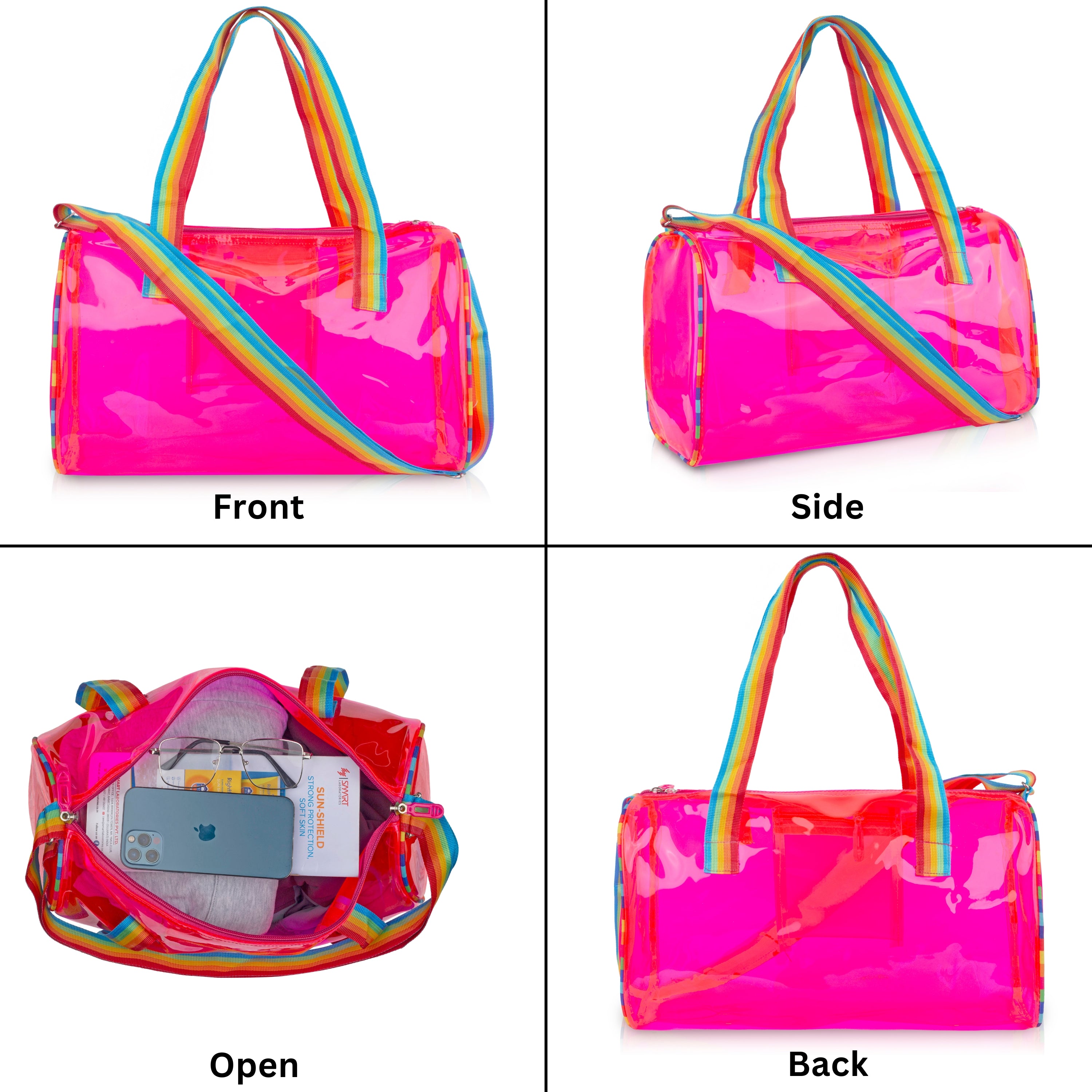Echo Boomers See-Through Jelly Duffle –  Transparent Bag with Rainbow Handles | Trendy Handbag for School, Gym, Travel, Beach