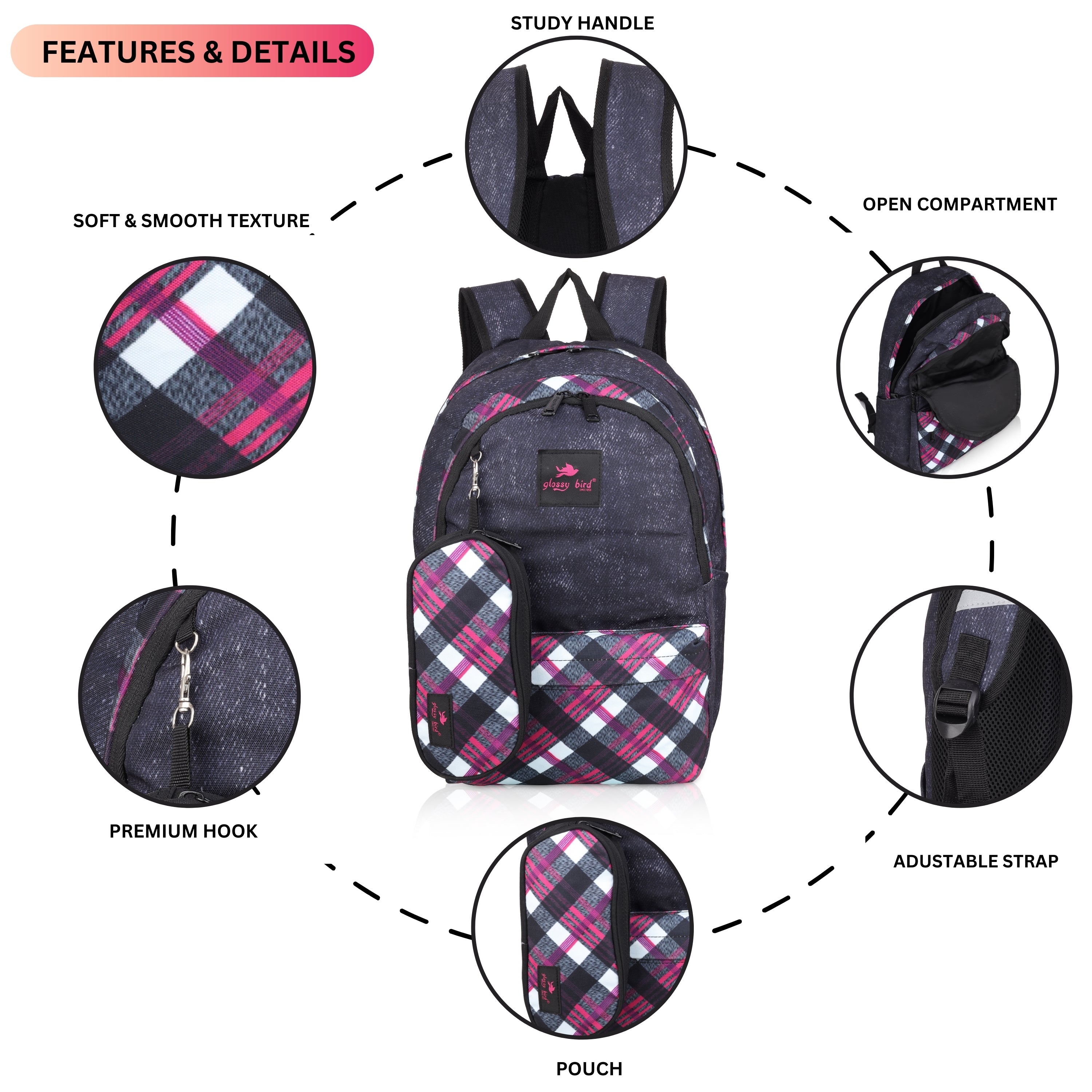 Echo Boomers Glossy Bird 21L Unisex Backpack with Pouch – Stylish Check Design, 3 Compartments, Front Pocket, Bottle Holder – Water-Resistant School, Travel, Office Bag (Yellow