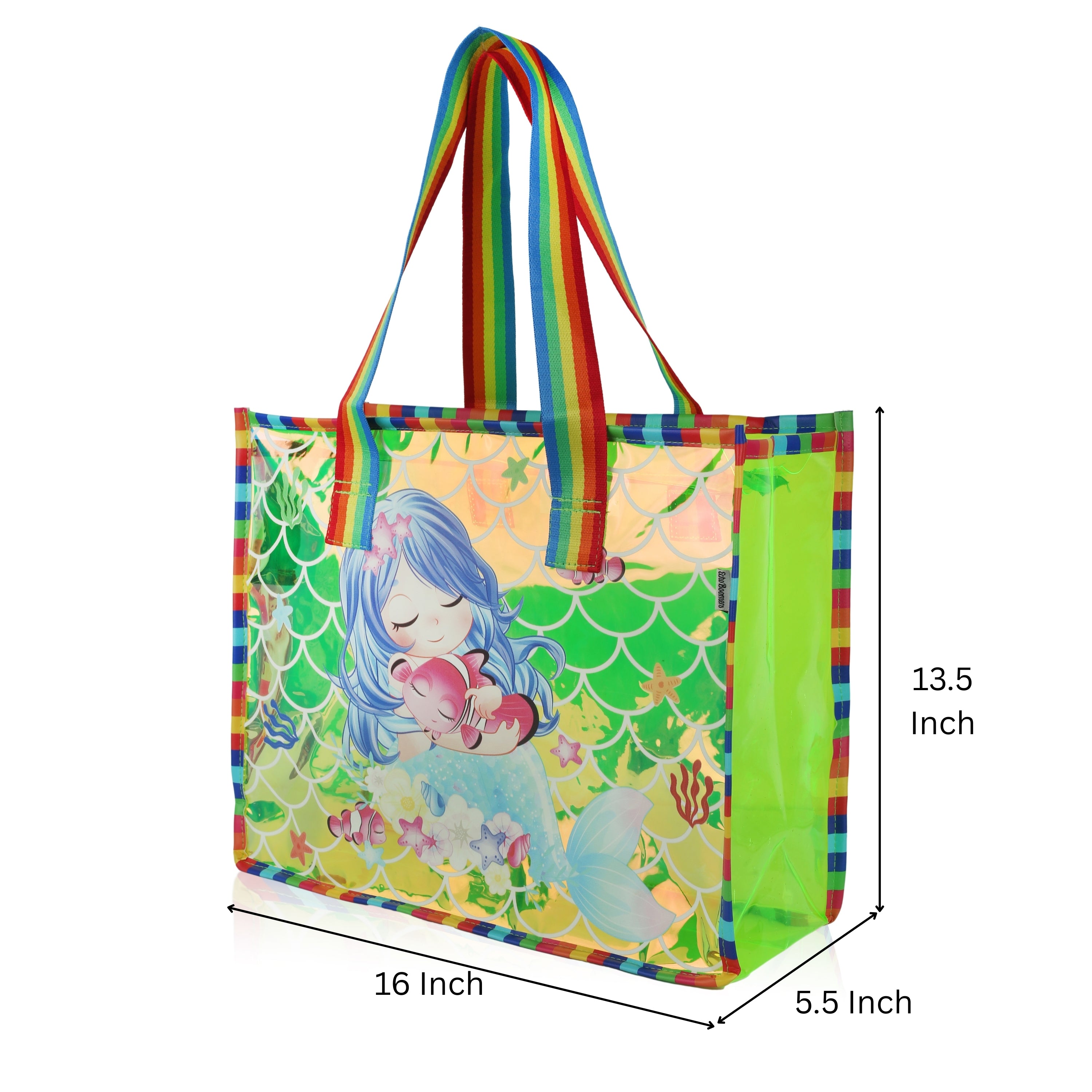 Echo Boomers Cute Mermaid,Magical Unicorn Wings,Astronaut, Stylish Cat,Cute Love Unicorn Transparent 50 GsmTote Bag – Rainbow Handles | Spacious, Durable & Stylish PVC Bag