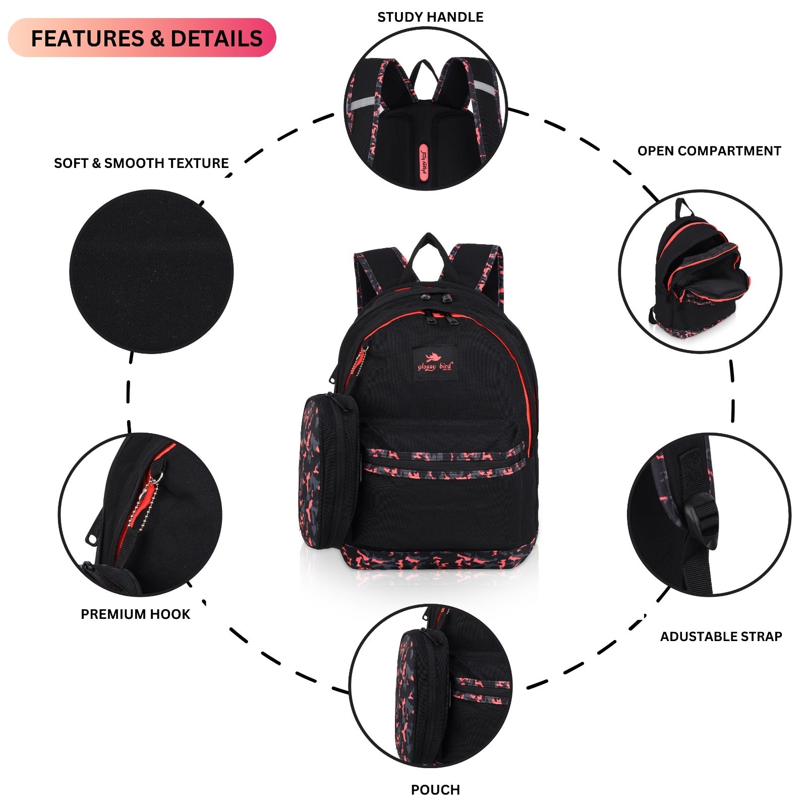 Echo Boomers Glossy Bird Backpack (PURPLE) – Water-Resistant School, Travel & Office Bag for Men & Women with Detachable Pouch, Padded Straps, Multi-Pockets & Reflective Strips