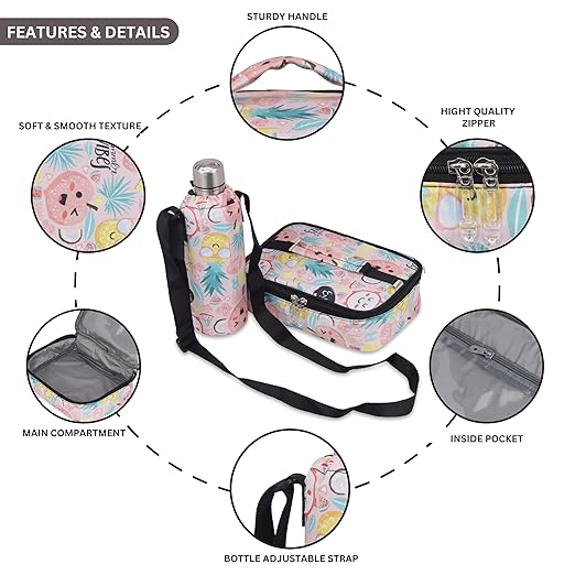 Echo Boomers Emoji Design Small Insulated Lunch Bag with Mesh Compartment & Water Bottle - Pink