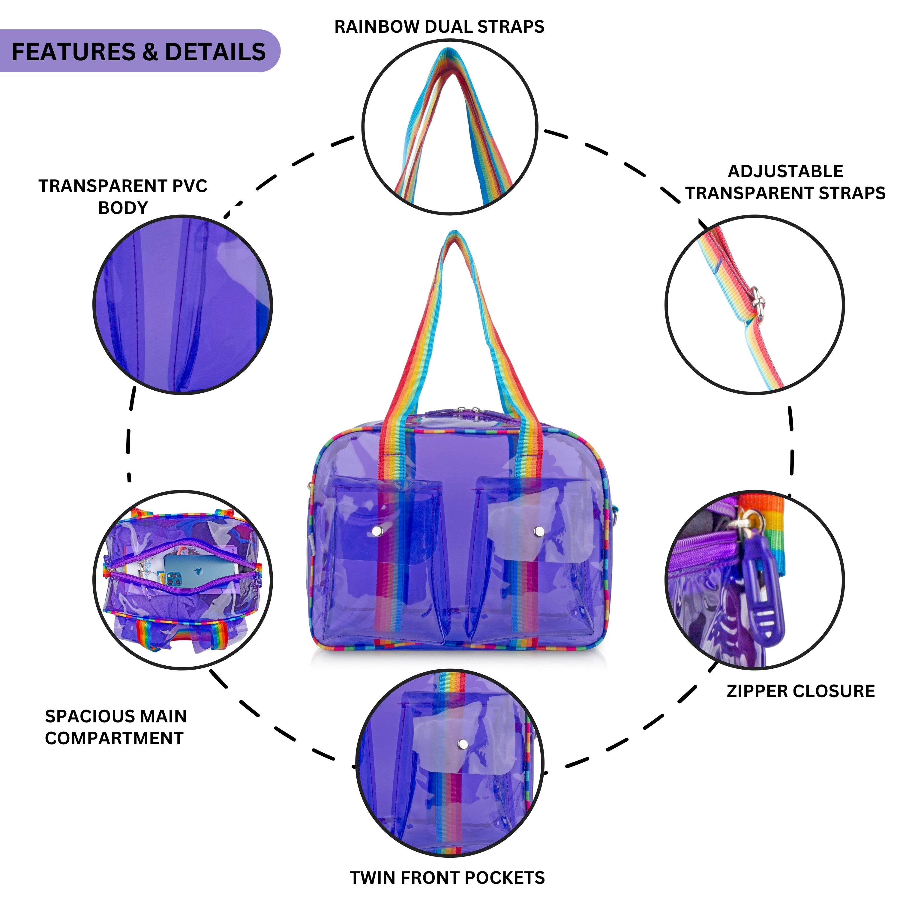 Echo Boomers Unisex Transparent Jelly Duffle Bag – Trendy  Travel Tote with Rainbow Straps & Dual Front Pockets – Fashion Gym, College & Weekend Bag