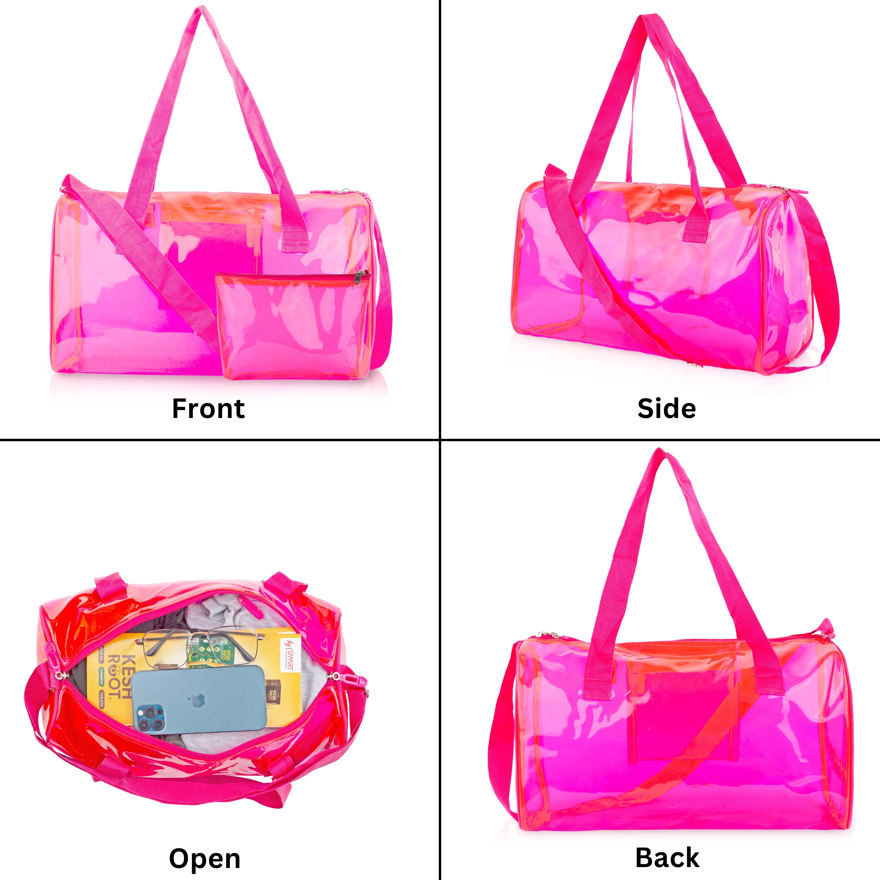 Echo Boomers Bold Blue Transparent Jelly Duffle Bag with Matching Pouch | 50 GSM Waterproof PVC Travel Gym Tote | Lightweight Shoulder Handbag for Women, Girls, College, Sports & Weekend Trips