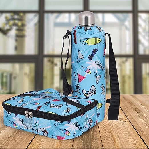 Echo Boomers Beach Theme Printed Large Insulated Lunch Bag with Mesh Compartment & Water Bottle Combo - Light Blue