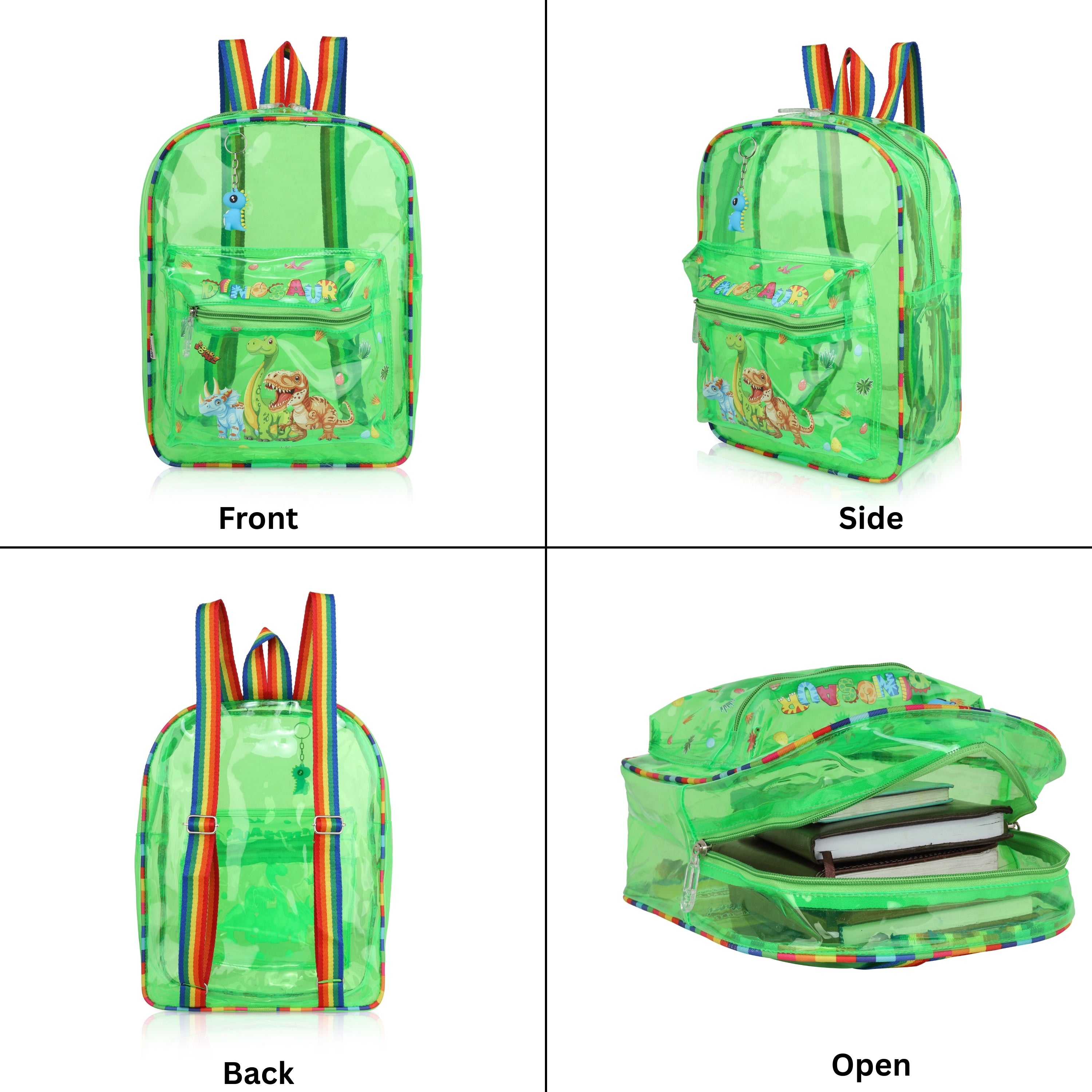 Echo Boomers Green Jelly Backpack Stylish, Lightweight & Durable with Dinosaur Print & “Dinosaur” Text, Transparent Soft Plastic, Adjustable Straps, Sturdy Handle, Premium Zipper & Versatile Design for School, Play & Everyday Adventures.