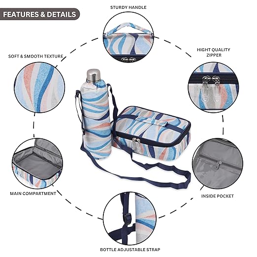 Echo Boomers Stripes Theme Printed Large Insulated Lunch Bag with Mesh Compartment & Water Bottle Combo - Sky Blue