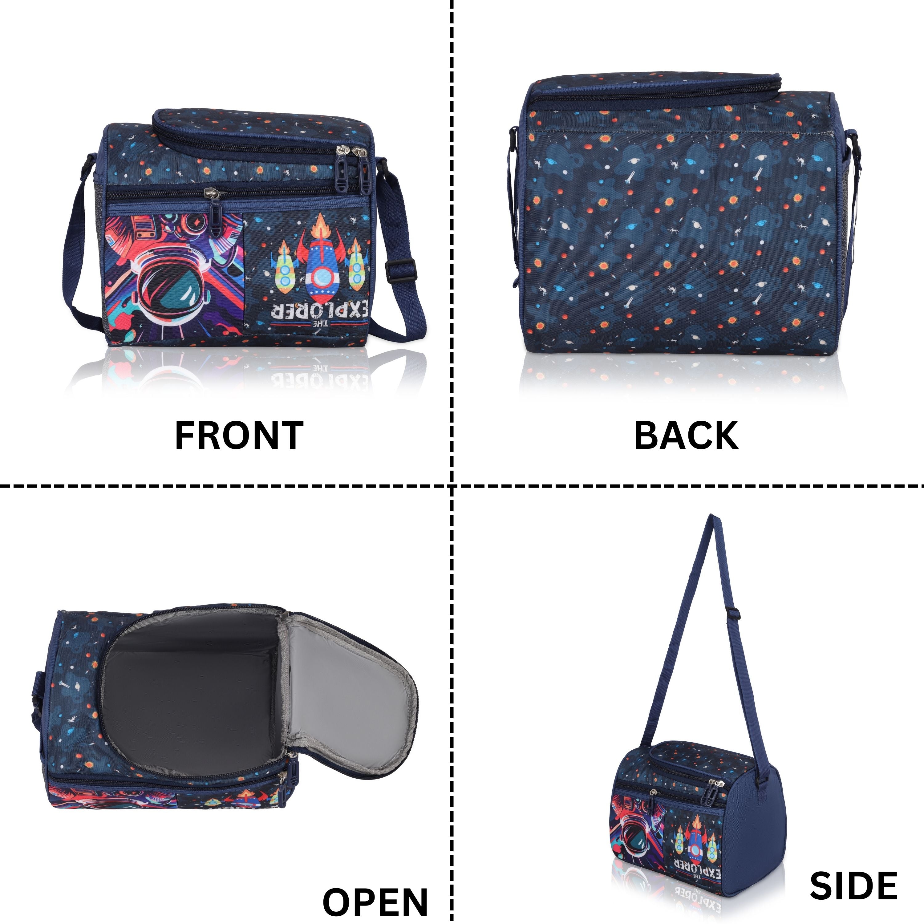 Echo Boomers Blue Explorer Printed Double Insulated Tiffin Lunch Bag with Multi Zipper Pockets - Blue