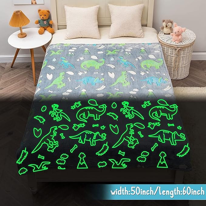 Echo Boomers Dino Glow in The Dark Blanket Printed Blankets for Kids, Light Weight Soft Cozy All Season Blankets for Baby Boys & Girls Pack of 1 Grey Star-Big (60x80 inches)