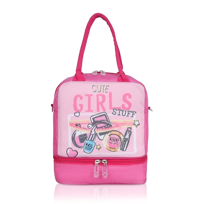 Echo Boomers Pink Lunch Bag - Insulated Tiffin Bag, Fun Girl Stuff Print & Long Strap