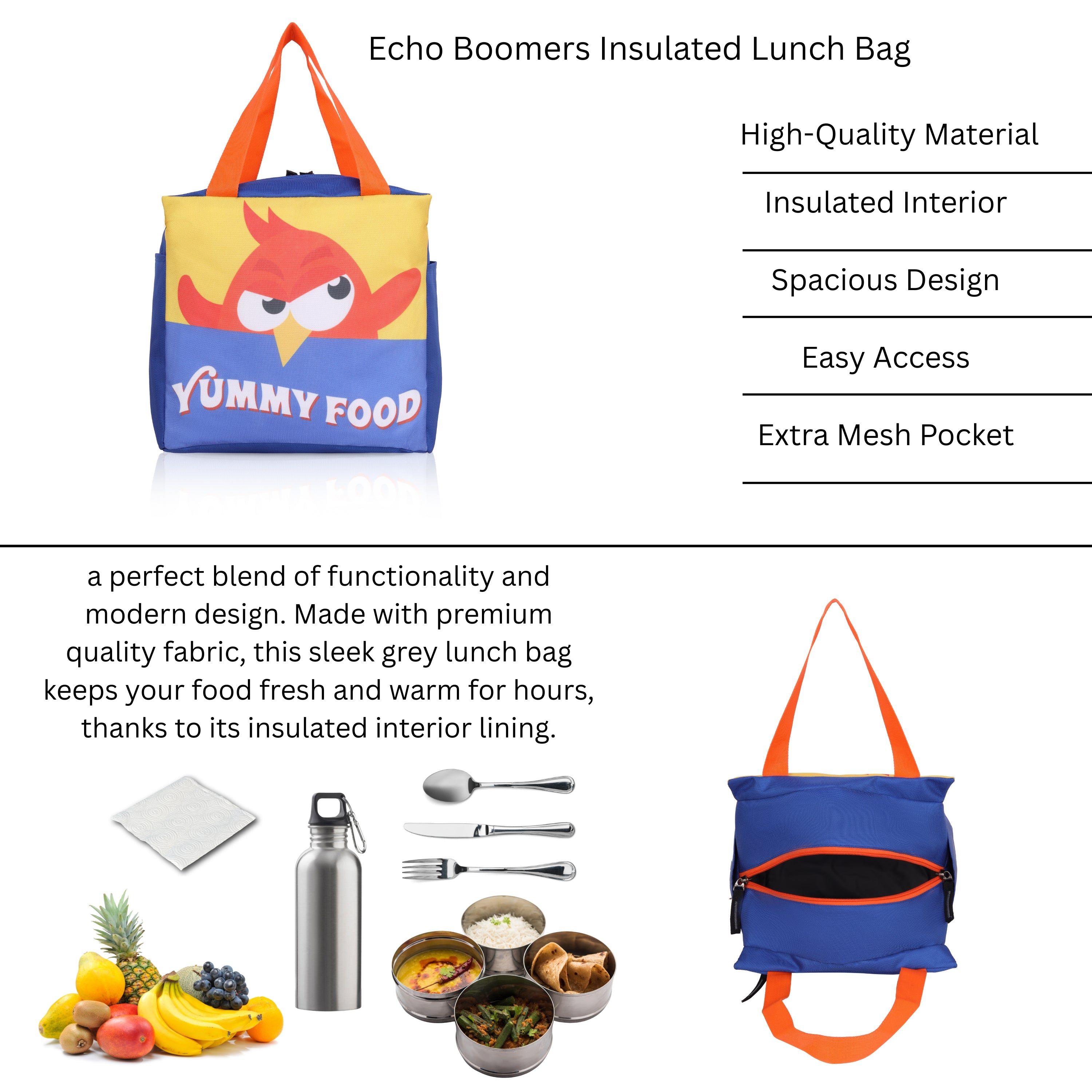 Echo Boomers Yummy Food Blue Lunch Bag with Orange Bird Print for Kids | Stylish, Lightweight & Durable | School, Travel & Picnic Use | Premium Zipper, Sturdy Handle, Easy to Clean