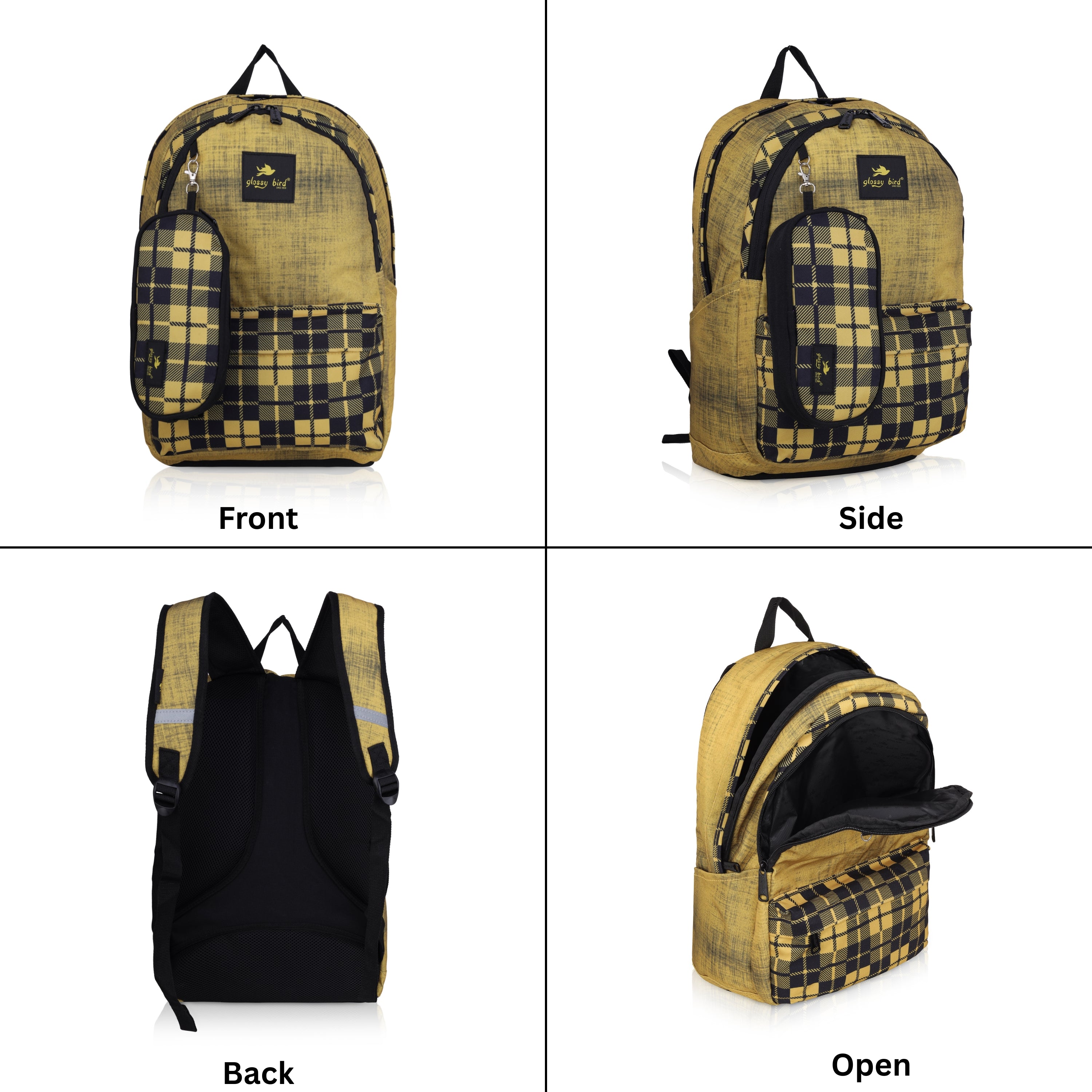 Echo Boomers Glossy Bird 21L Unisex Backpack with Pouch – Stylish Check Design, 3 Compartments, Front Pocket, Bottle Holder – Water-Resistant School, Travel, Office Bag (Yellow
