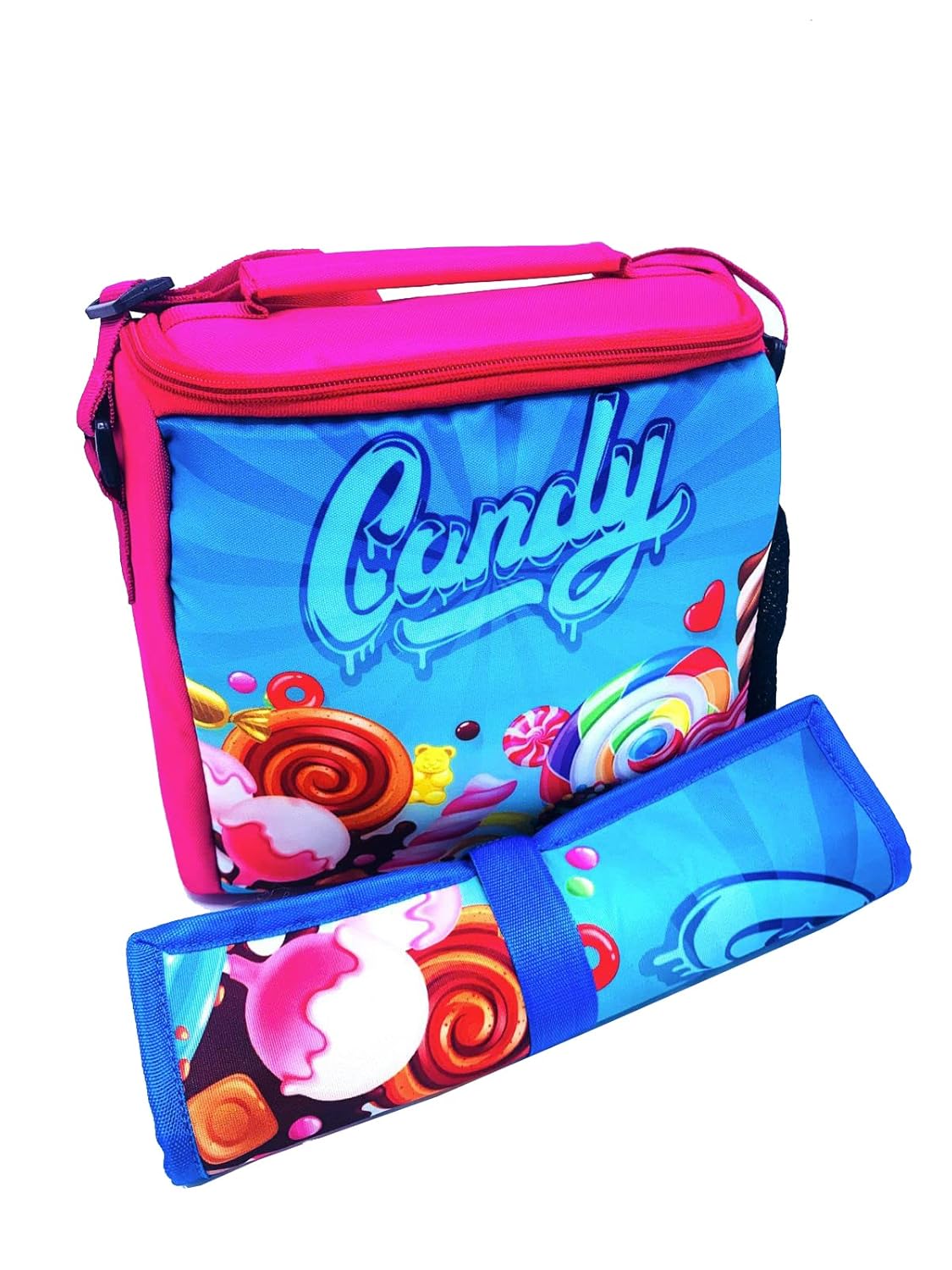 Echo Boomers Candy Printed Insulated Lunch Bag & Rolled Dinning TableMat Combo, Tiffin and Food Storage Bag for Work, Students, Office, Picnic, College & School with Multiple Zipper Pockets Pink