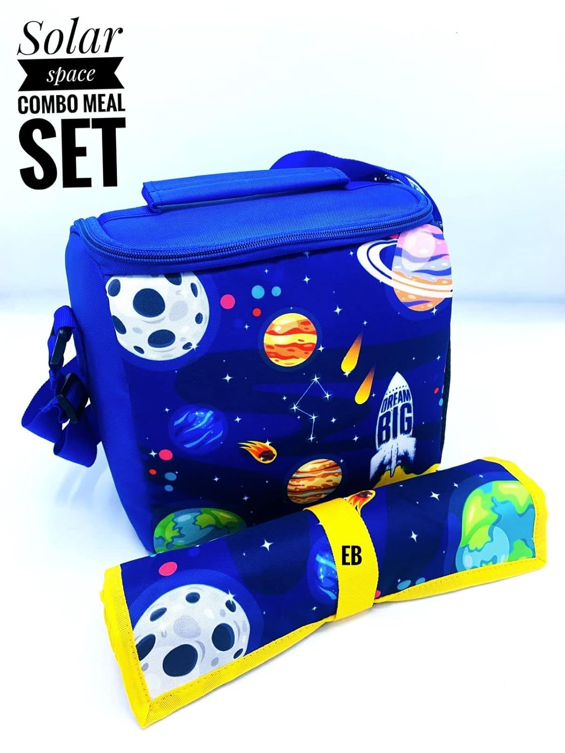 Echo Boomers Space Printed Insulated Lunch Bag & Rolled Dinning TableMat Combo, Tiffin and Food Storage Bag for Work, Students, Office, Picnic, College & School with Multiple Zipper Pockets Blue