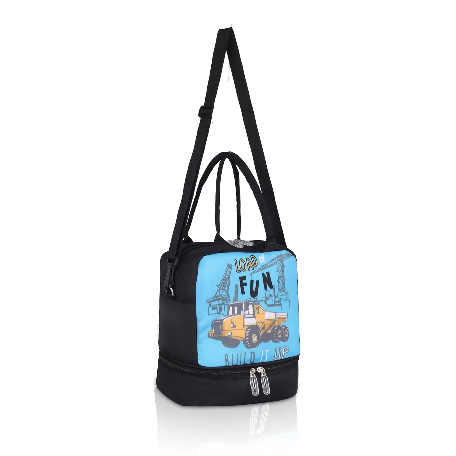 Echo Boomers Double Layer Insulated Tiffin Lunch Bag - Cool Blue Cars Print, Multi Pockets & Long Strap