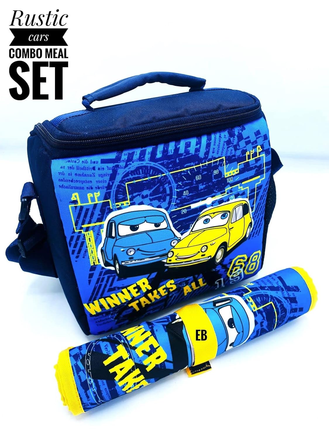 Echo Boomers Cars Printed Insulated Lunch Bag & Rolled Dinning TableMat Combo, Tiffin and Food Storage Bag for Work, Students, Office, Picnic, College & School with Multiple Zipper Pockets Blue