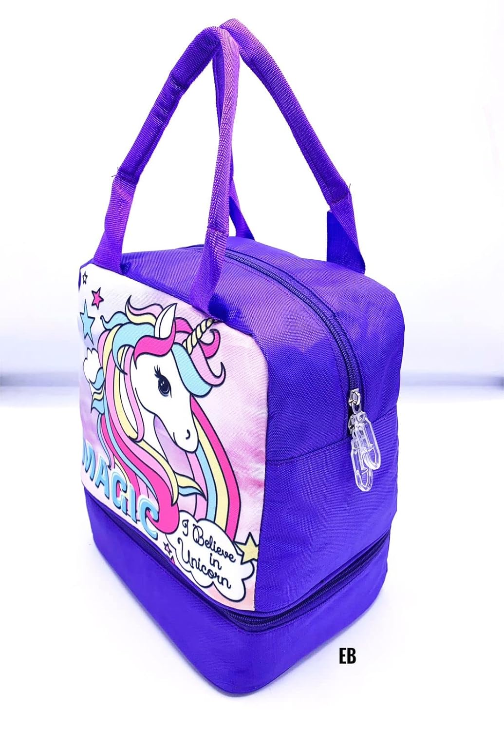 Echo Boomers Purple Unicorn Printed Double Layer Insulated Tiffin Lunch Double Bag with Multi Zipper Pockets