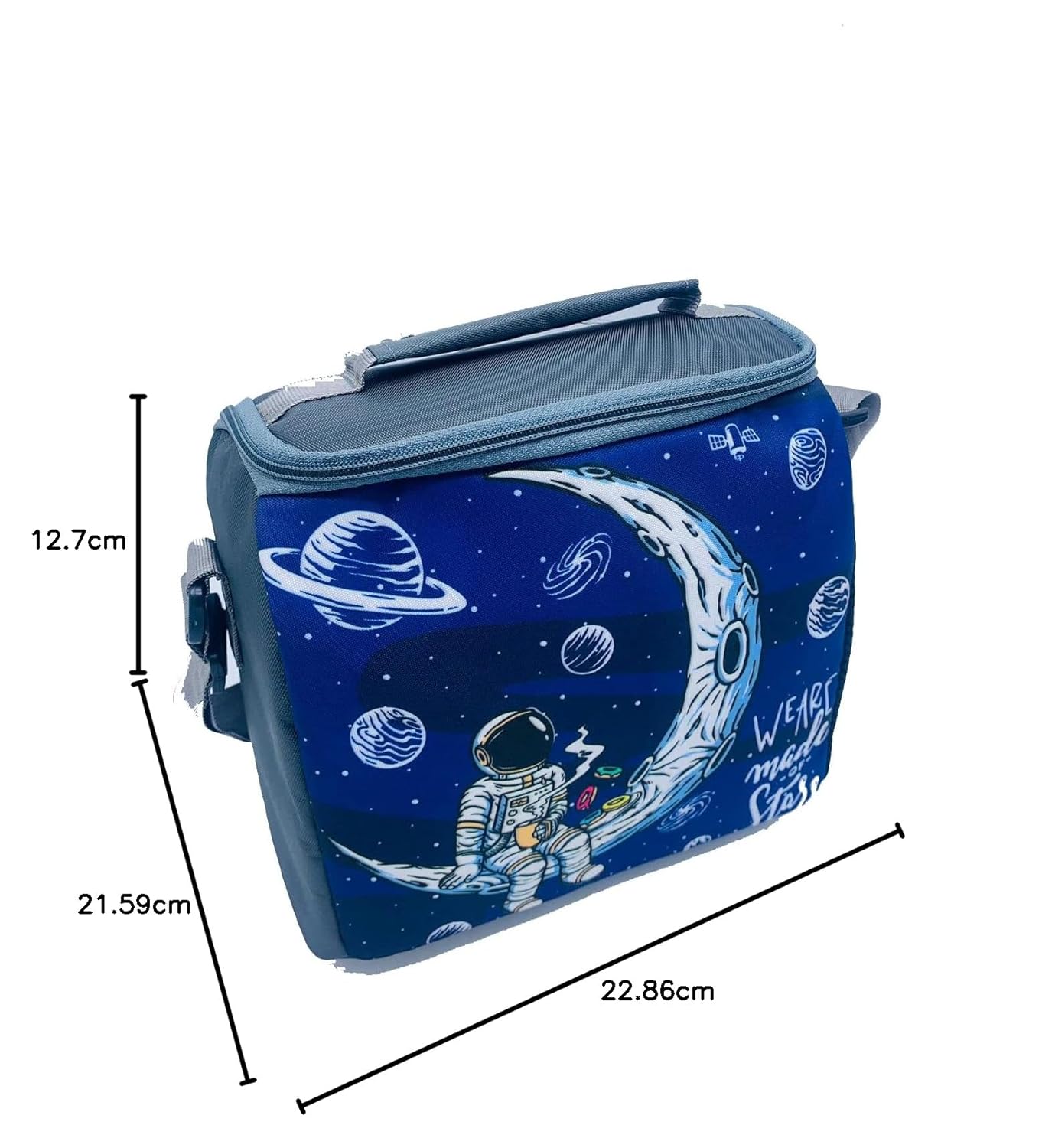 Echo Boomers Moon Printed Insulated Lunch Bag, Tiffin and Food Storage Bag for Work, Students, Office, Picnic, College & School with Bottle Holder & Multiple Zipper Pockets (Blue)