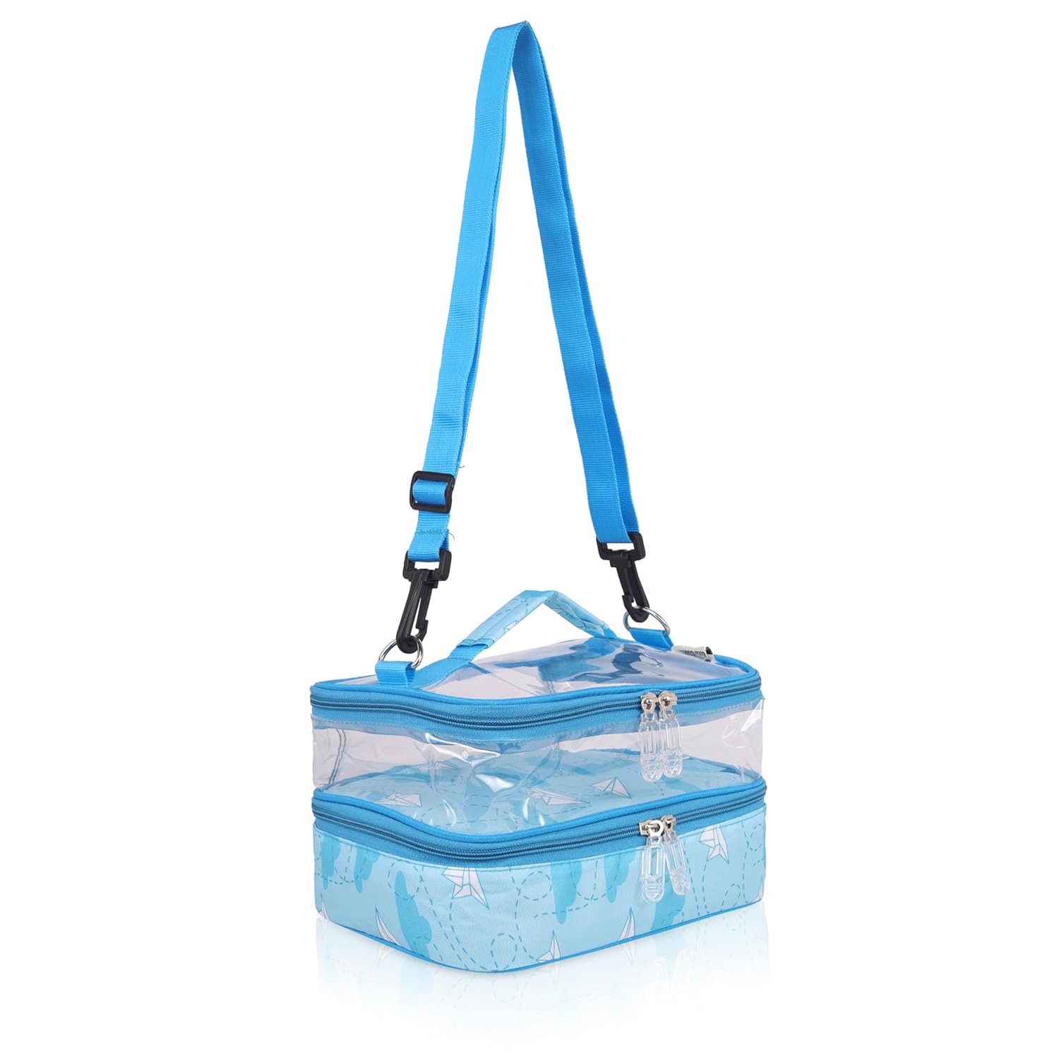 Echo Boomers Plane Printed Small Double-Decker Insulated Lunch Bag with Multi-Zipper Pockets - Sky Blue