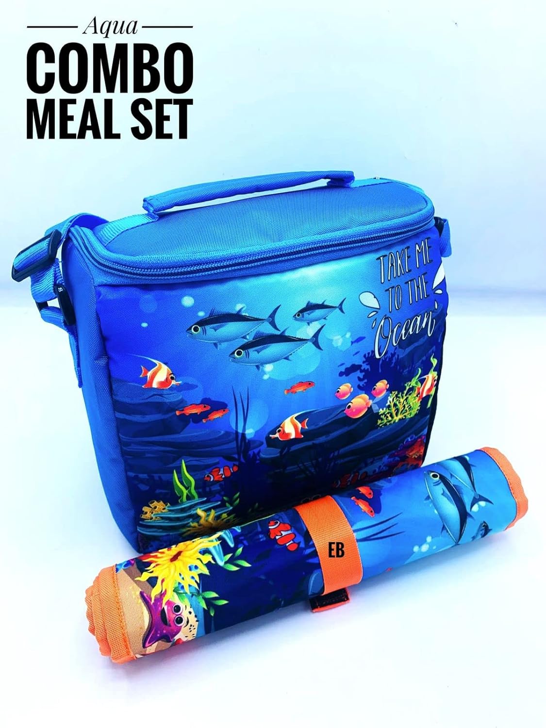 Echo Boomers Ocean Printed Insulated Lunch Bag & Rolled Dinning TableMat Combo, Tiffin and Food Storage Bag for Work, Students, Office, Picnic, College & School with Multiple Zipper Pockets Red