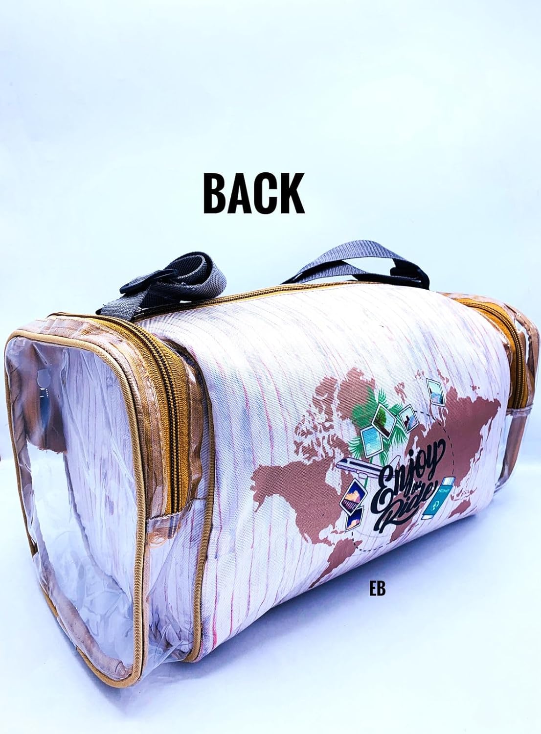 Echo Boomers White Wanderlust Print Square Travel Duffle Gym Luggage Bag with PVC Side Compartments