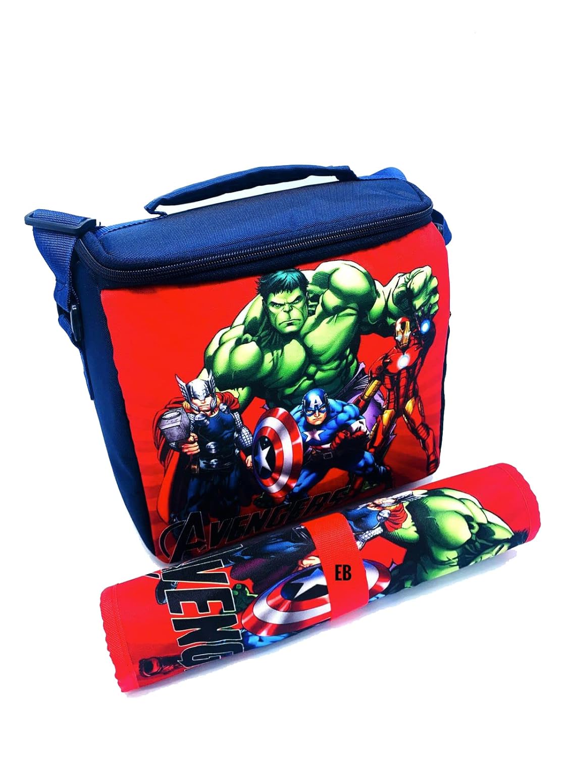 Echo Boomers Avengers Printed Insulated Lunch Bag & Rolled Dinning TableMat Combo, Tiffin and Food Storage Bag for Work, Students, Office, Picnic, College & School with Multiple Zipper Pockets Red