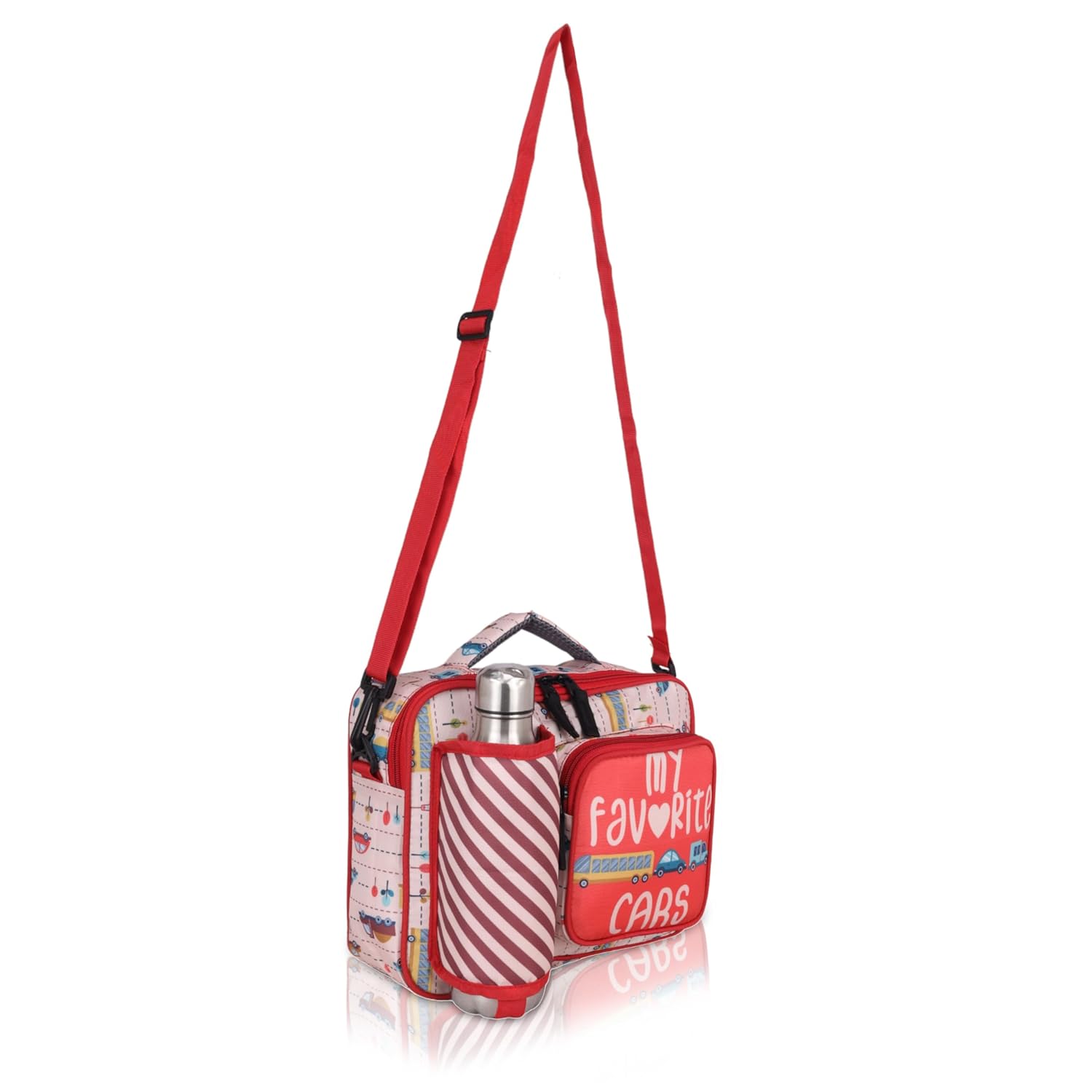 Echo Boomers Red Cars Print Insulated Tiffin Lunch Bags for Kids with Multi Zipper Pockets