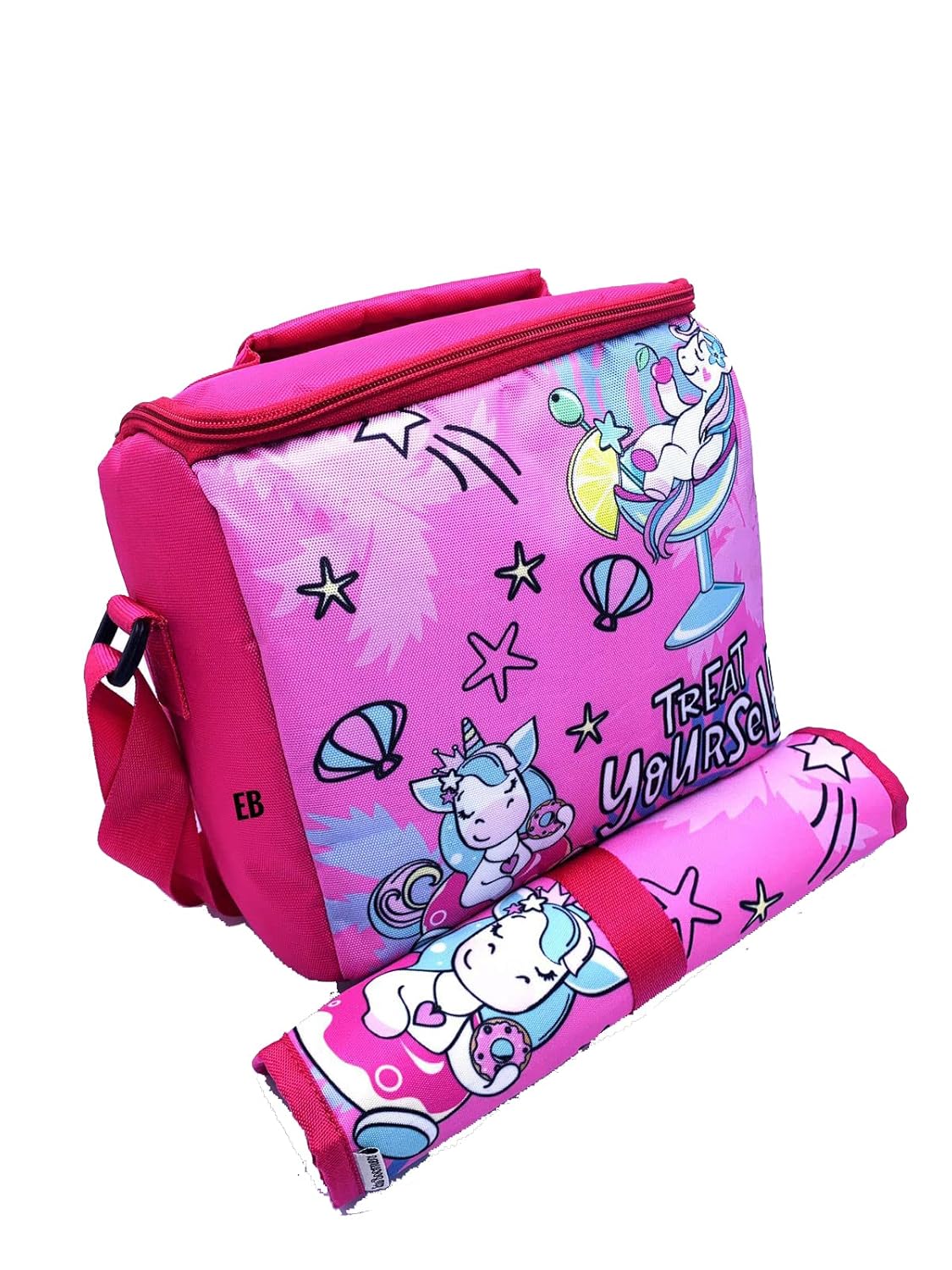 Echo Boomers Unicorn Printed Insulated Lunch Bag & Rolled Dinning TableMat Combo, Tiffin and Food Storage Bag for Work, Students, Office, Picnic, College & School with Multiple Zipper Pockets Pink