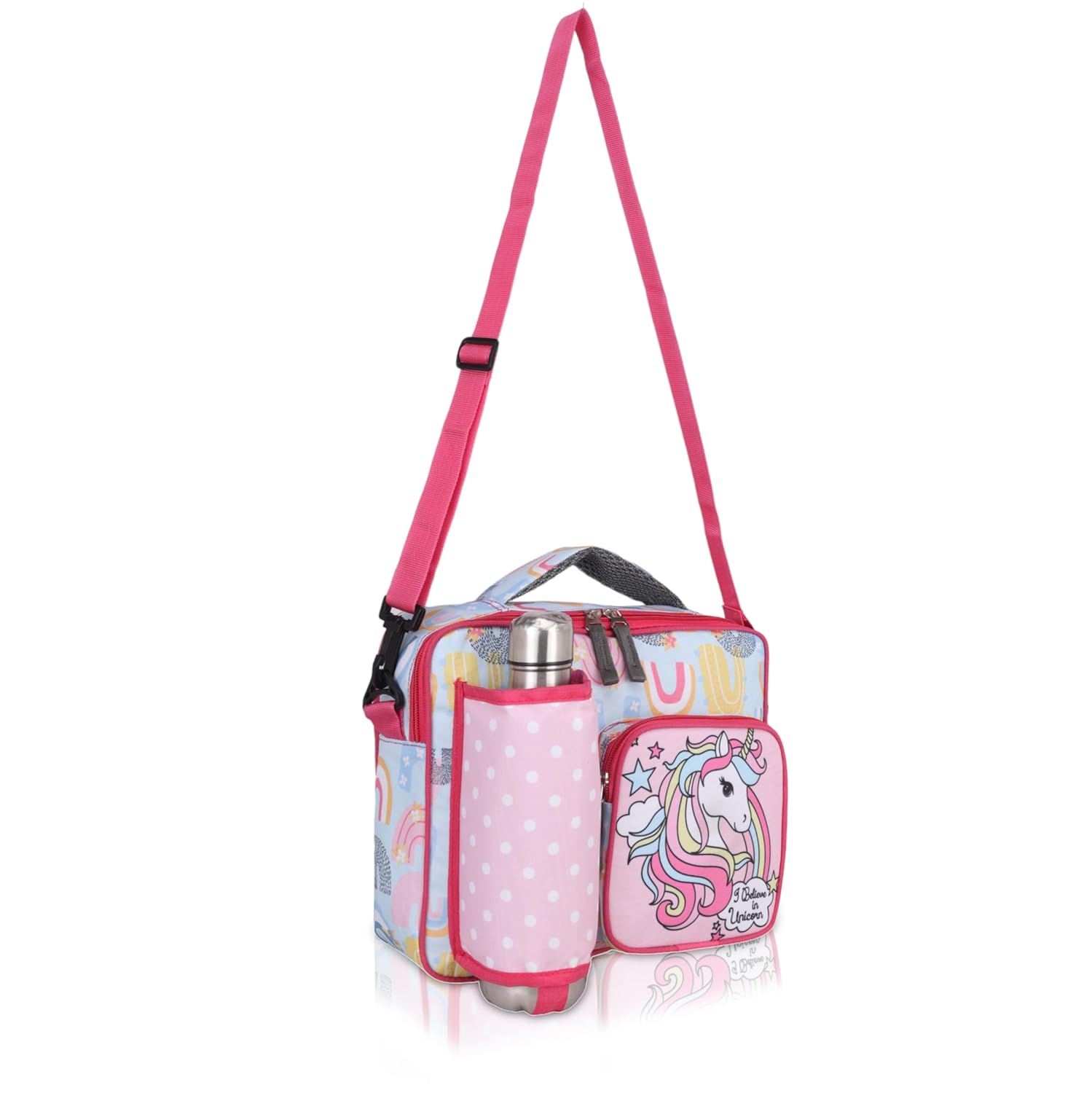 Echo Boomers Unicorn Print Pink Insulated Tiffin Lunch Bags for Kids with Multi Zipper Pockets