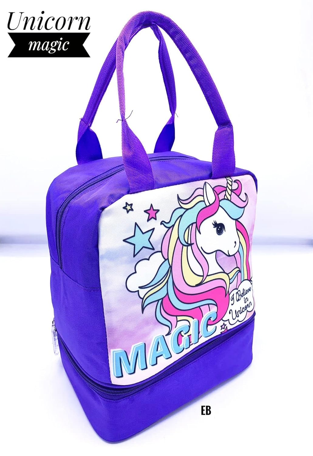 Echo Boomers Purple Unicorn Printed Double Layer Insulated Tiffin Lunch Double Bag with Multi Zipper Pockets