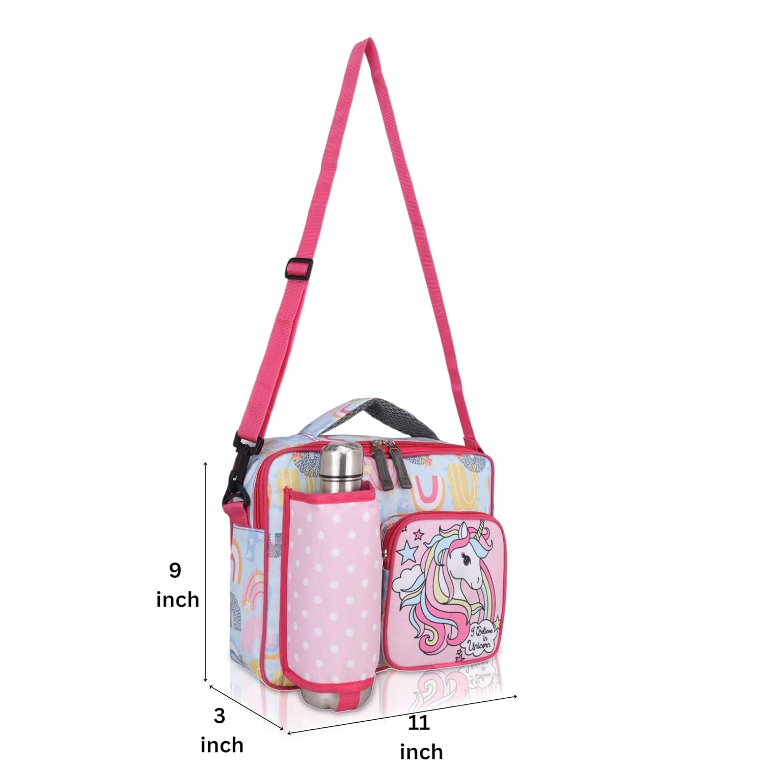 Echo Boomers Unicorn Print Pink Insulated Tiffin Lunch Bags for Kids with Multi Zipper Pockets