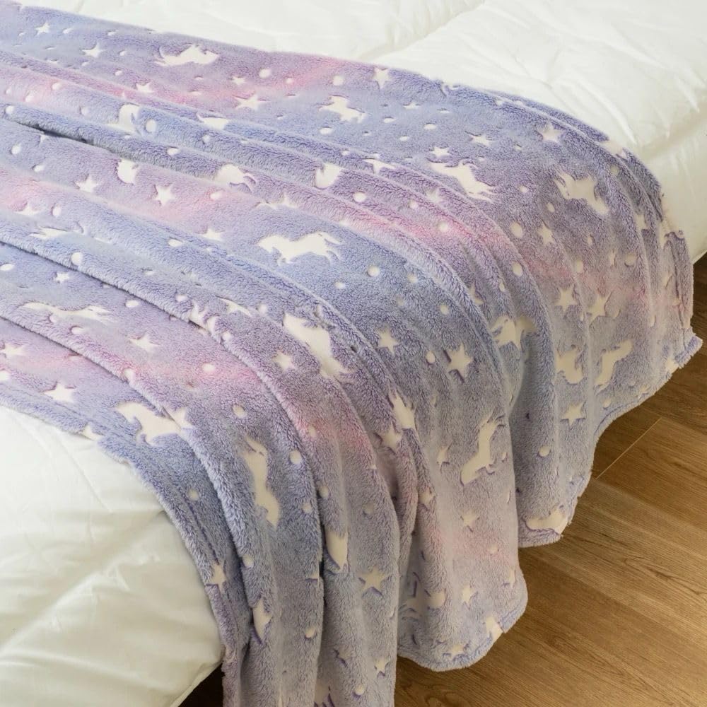 Echo Boomers Purple Unicorn Glow in The Dark Blanket Printed Blankets for Kids, Light Weight Soft Cozy All Season Blankets for Baby Boys & Girls Pack of 1 Grey Star-Big (60x80 inches)