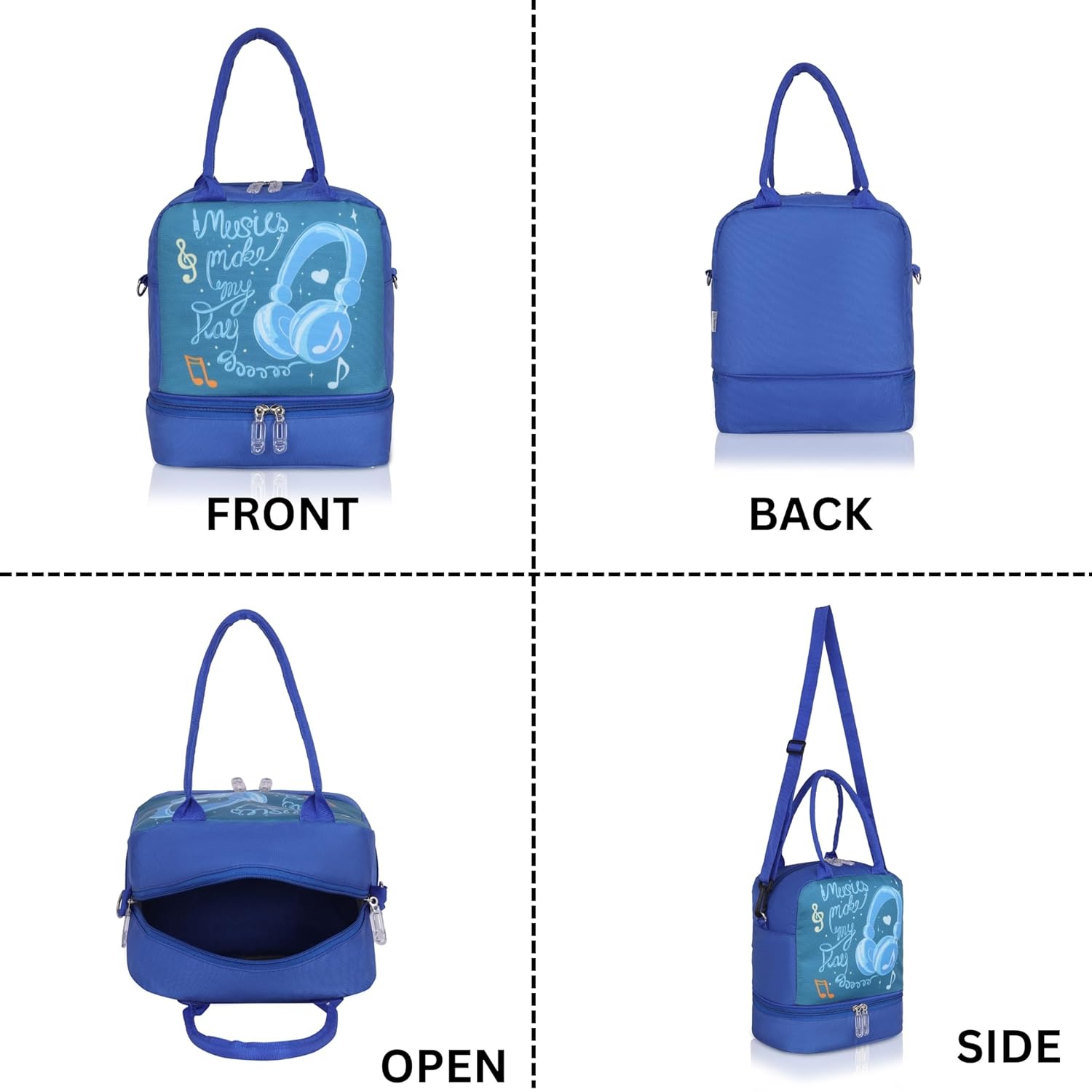 Echo Boomers Double Layer Insulated Tiffin Bag, Blue Music Print & Multi Pockets Spacious Lunch Bag with Long Strap