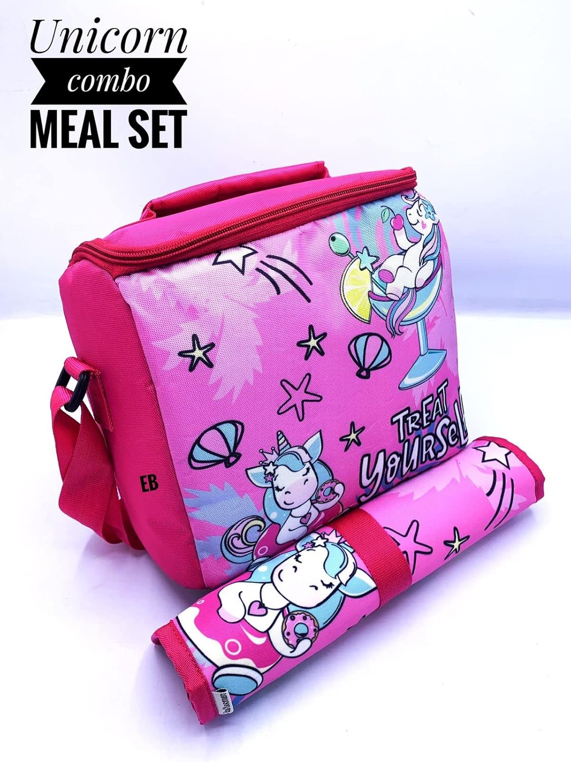 Echo Boomers Unicorn Printed Insulated Lunch Bag & Rolled Dinning TableMat Combo, Tiffin and Food Storage Bag for Work, Students, Office, Picnic, College & School with Multiple Zipper Pockets Pink